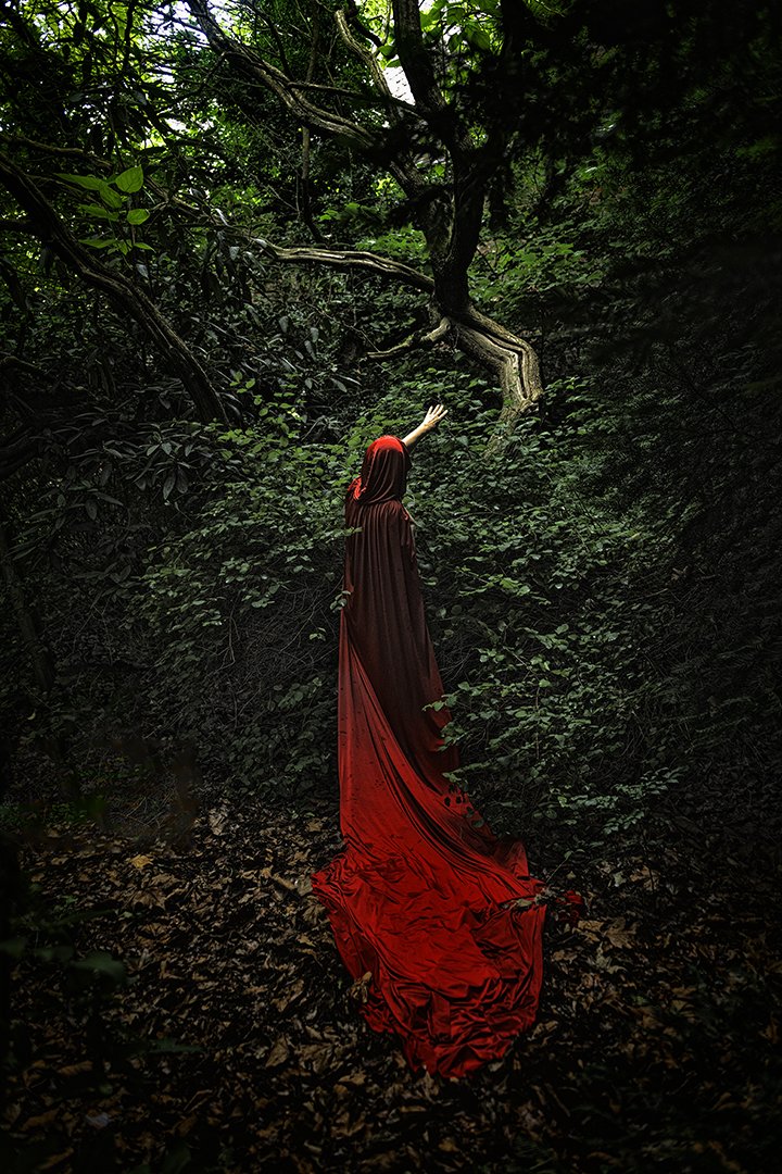 Femme portant une robe longue rouge dans une forêt dense