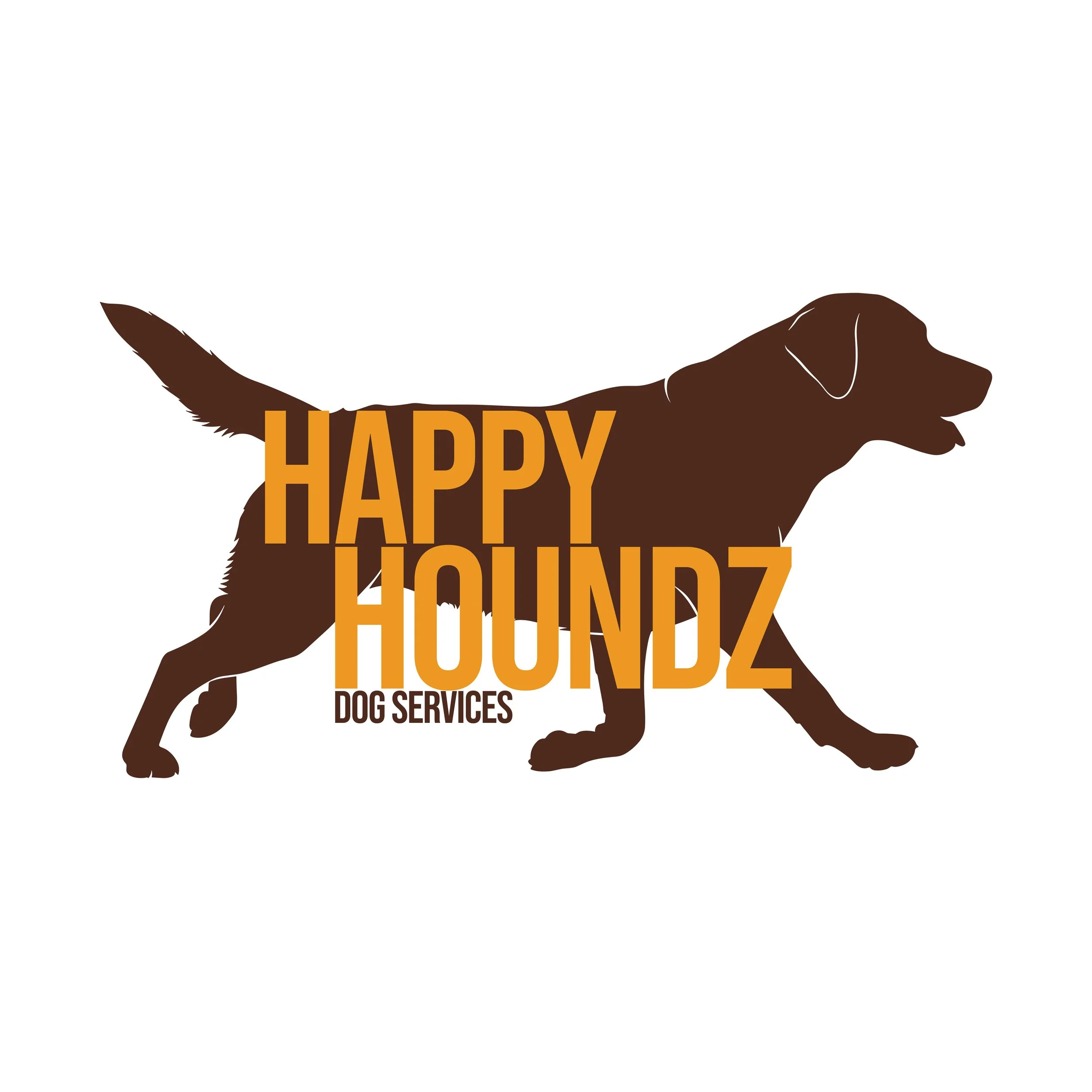 Graphic of a brown hound dog silhouette with the words "HAPPY HOUNDZ DOG SERVICES" overlaid in bold orange and black text.