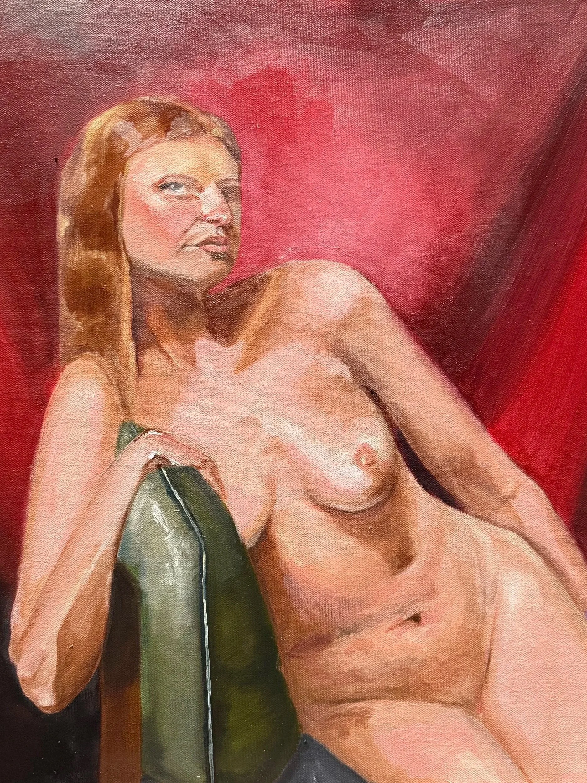 A painting of a topless woman with red hair, sitting on a chair with a red background.