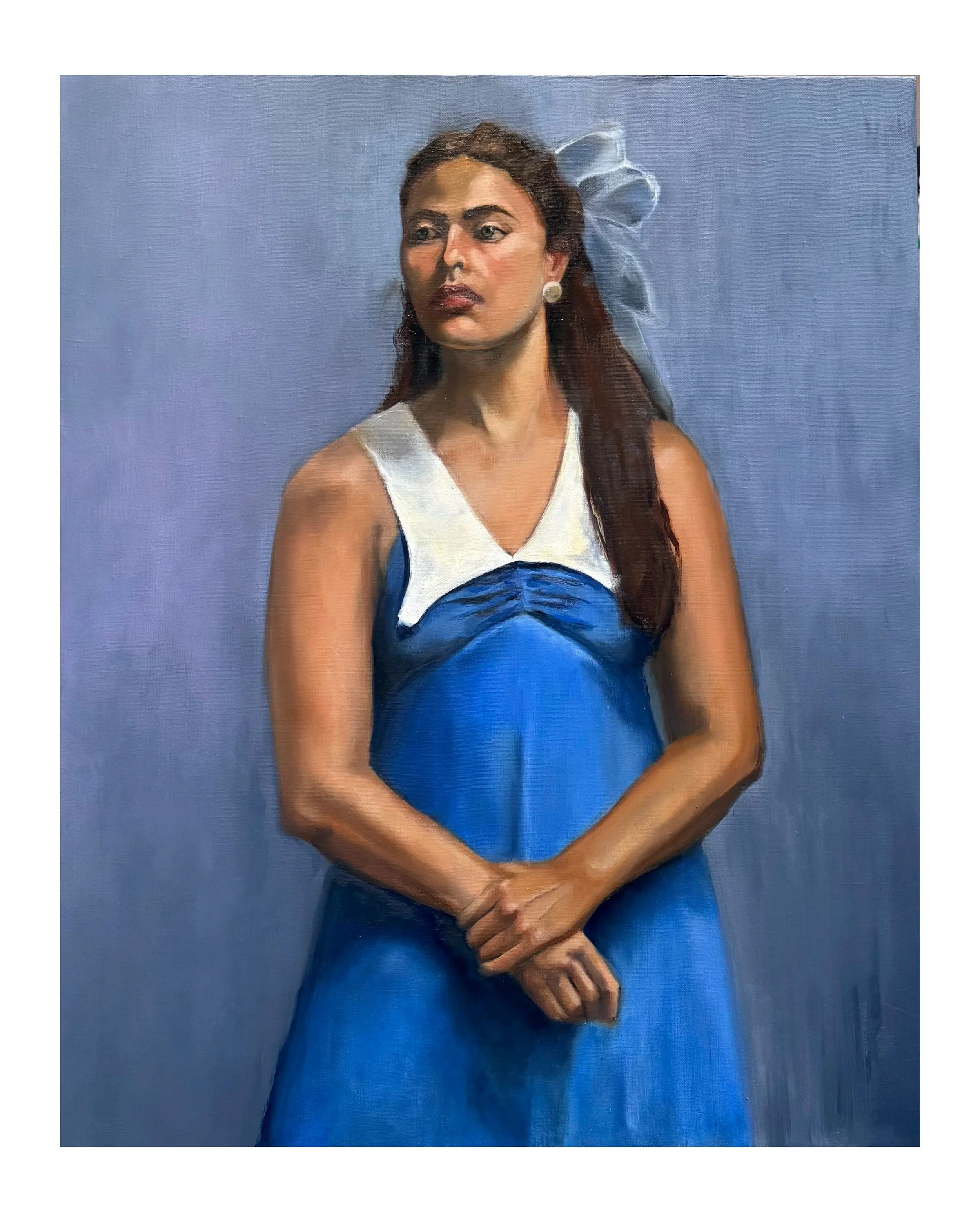 Painting of a woman standing while wearing a cobalt blue dress, bow, and a pearl earring. 