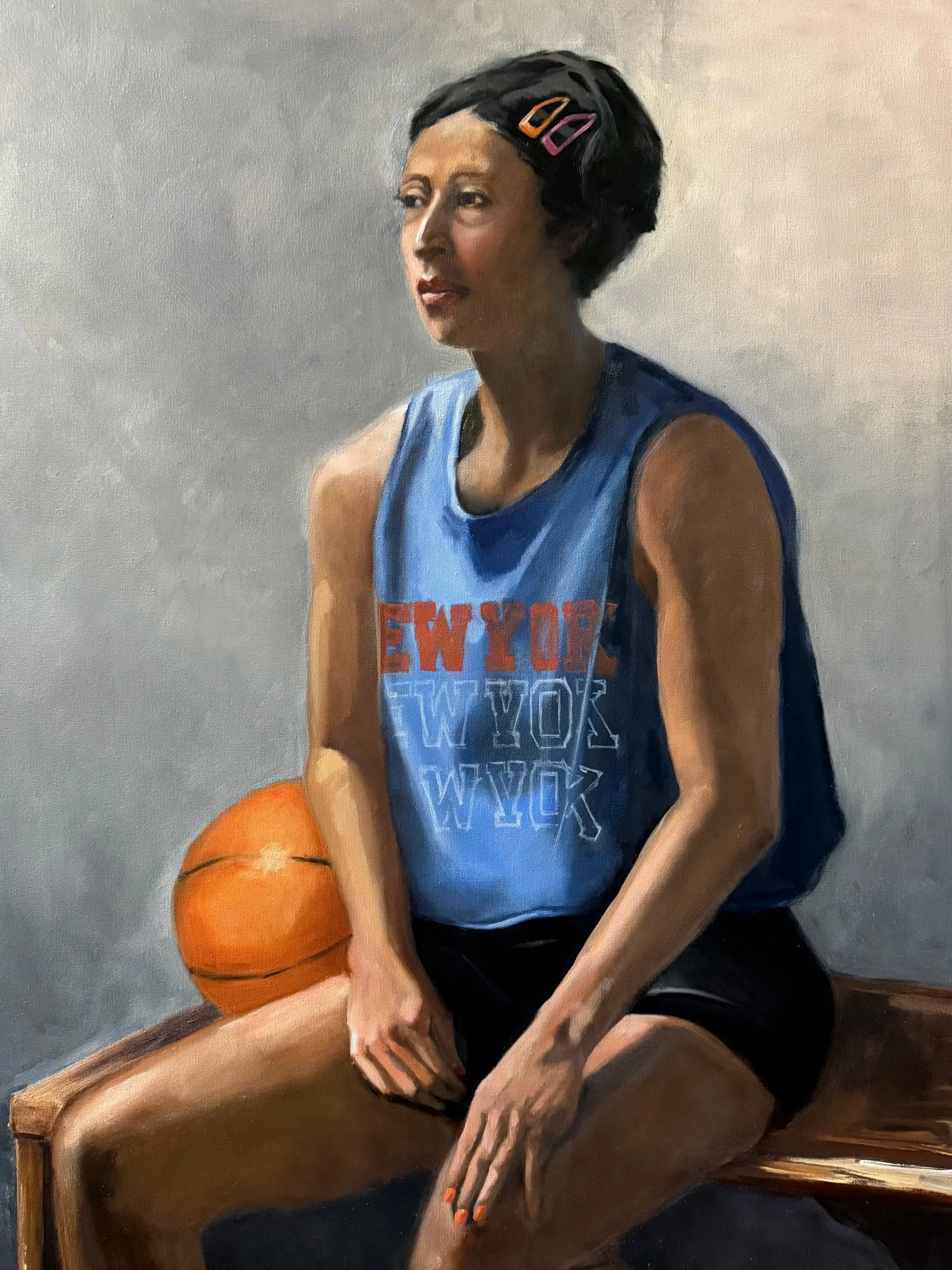 Painting of a woman sitting on a bench wearing a Knicks practice jersey and black shorts. 
