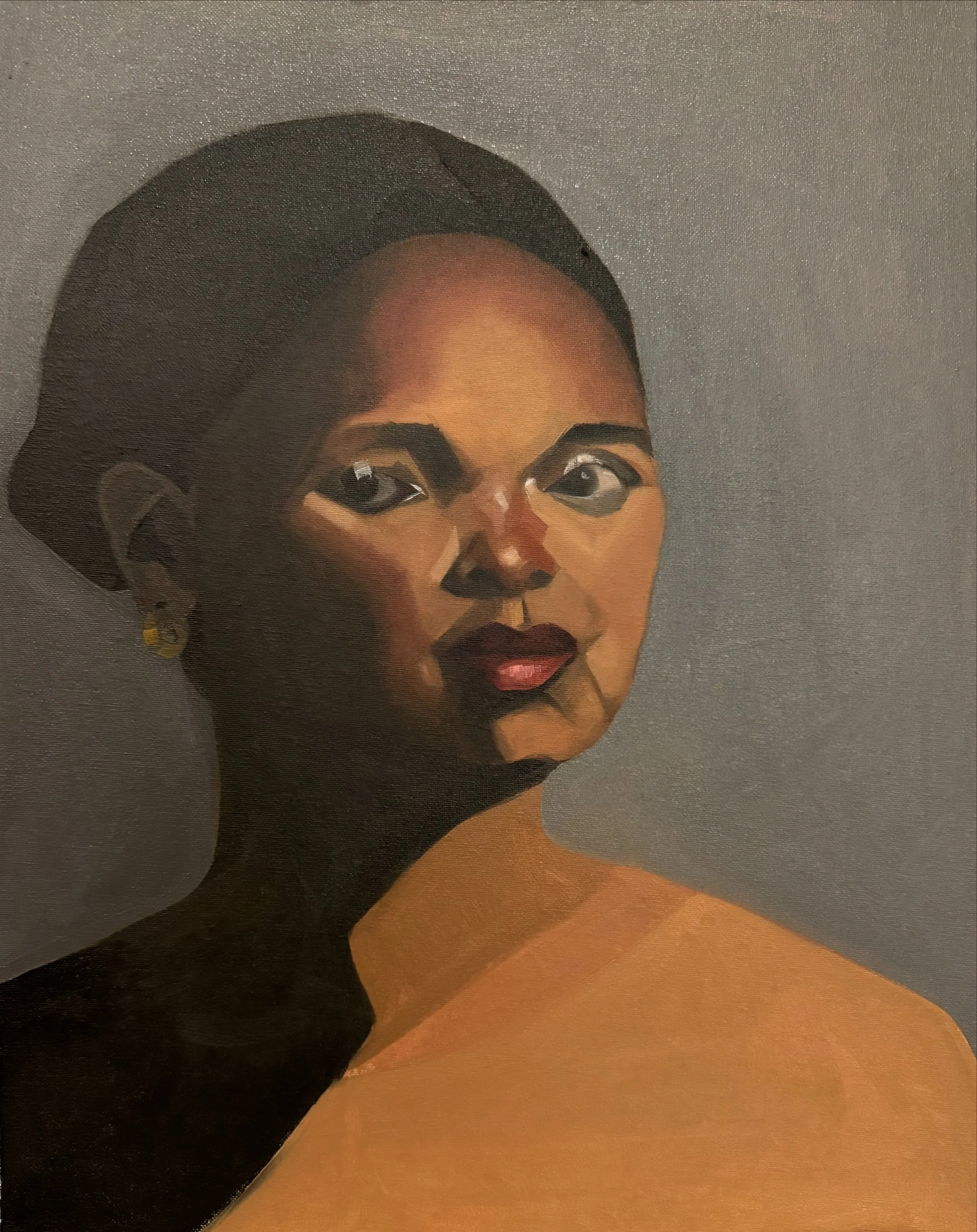 A portrait painting of a woman with dark skin, a yellow earring, against a plain background.