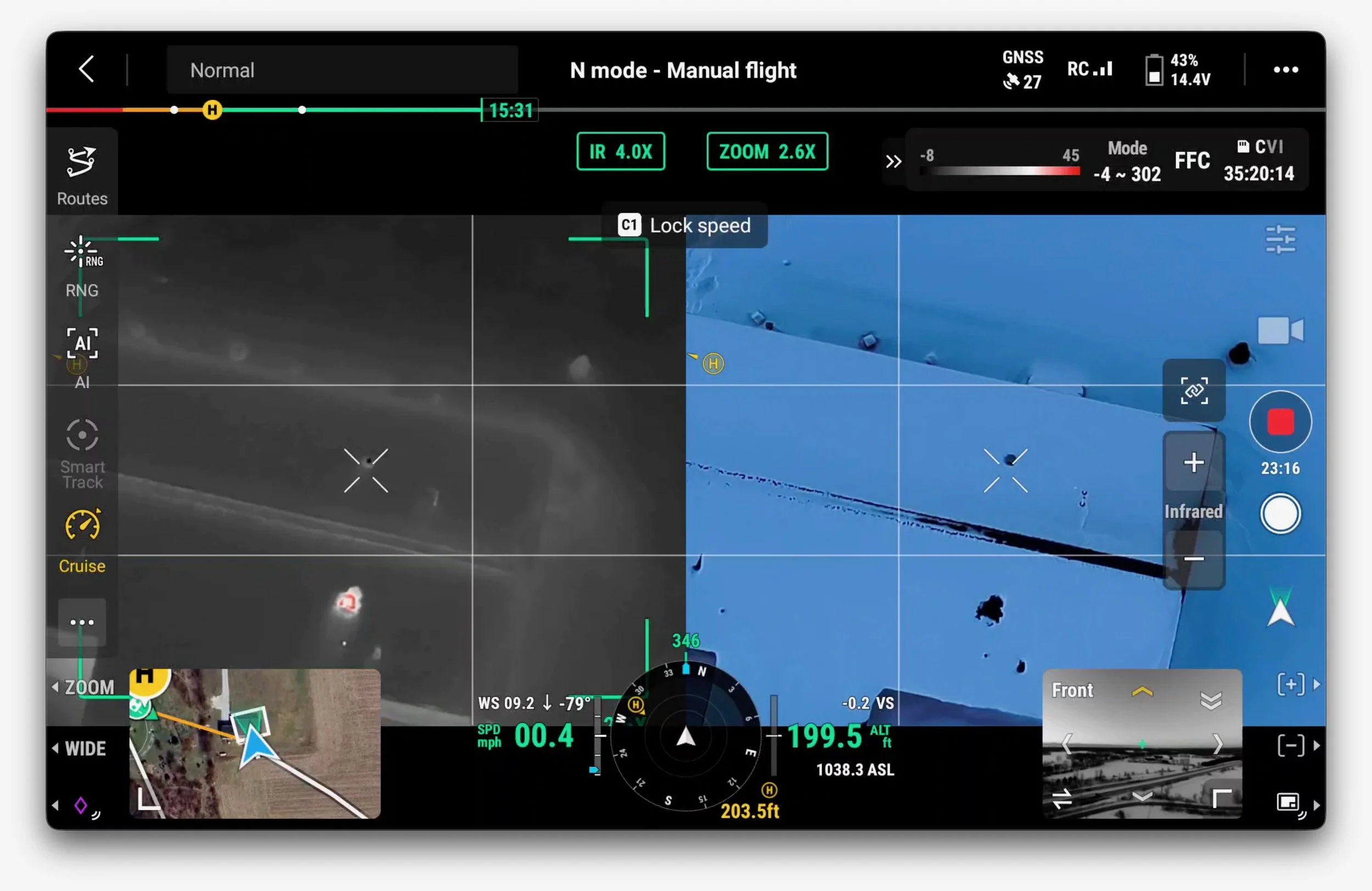 Display screen showing drone flight mode with infrared and regular cameras, navigation information, and a top-down map view.