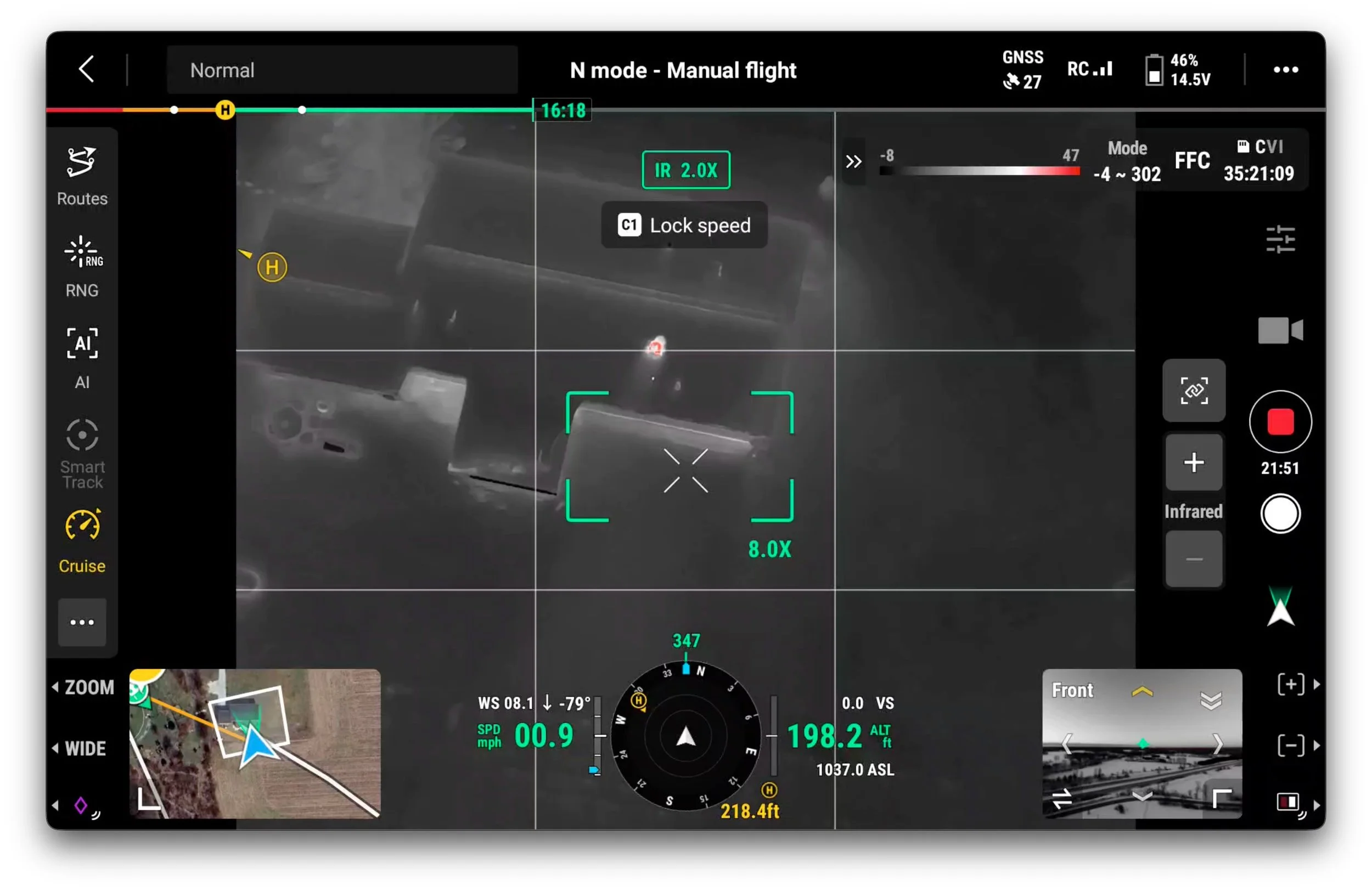 A thermal drone camera screen displaying a black and white infrared view of grounded objects, with flight data, altitude, and direction indicators, and a small map at the bottom left showing the drone's position and path.