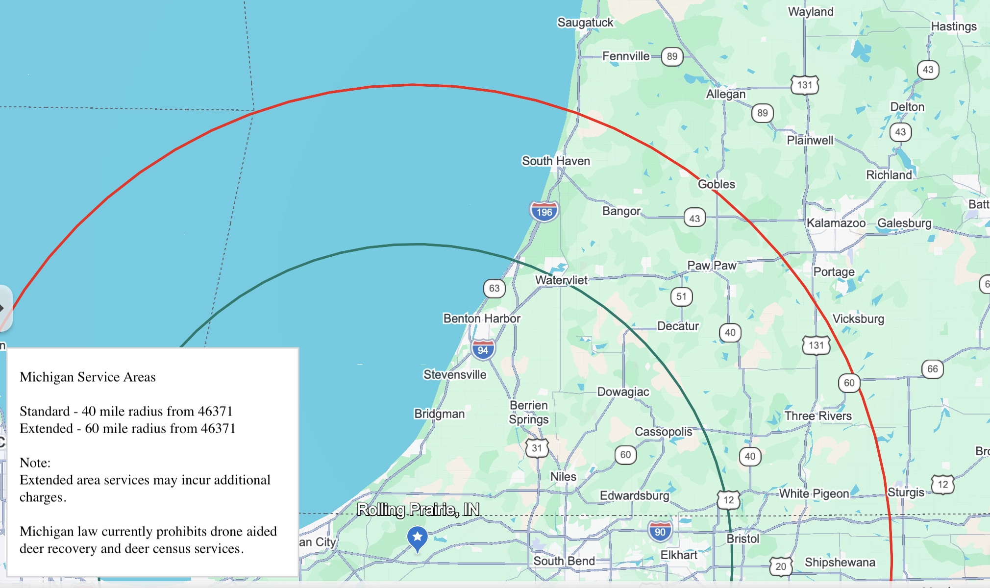 Map of Michigan with service areas outlined in concentric circles around zip code 46371, showing 40-mile and 60-mile radii. The map includes cities like South Haven, Watervliet, and Rolling Prairie, and indicates Michigan law prohibits drone-assisted deer recovery and census services in the area.