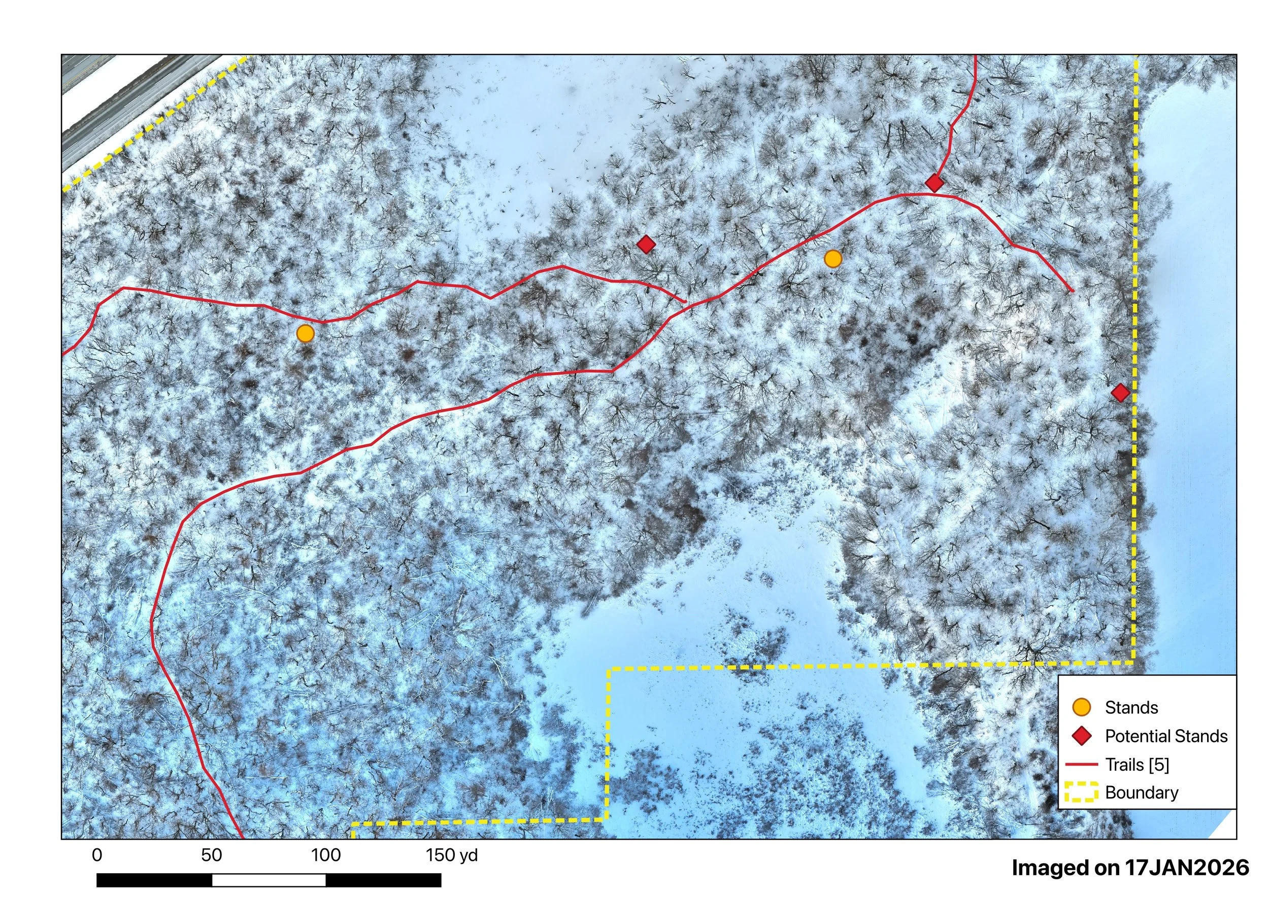 A detailed aerial map of a snow-covered area shows trails marked in red, with five trails, yellow and red symbols indicating stands and potential stands, and a yellow dashed boundary line. The map includes a scale bar and a date of January 17, 2026.