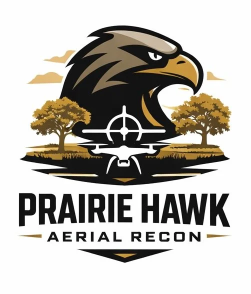 Logo for Prairie Hawk Aerial Recon featuring a flying hawk head, trees, a crosshair, and a drone, with bold text.