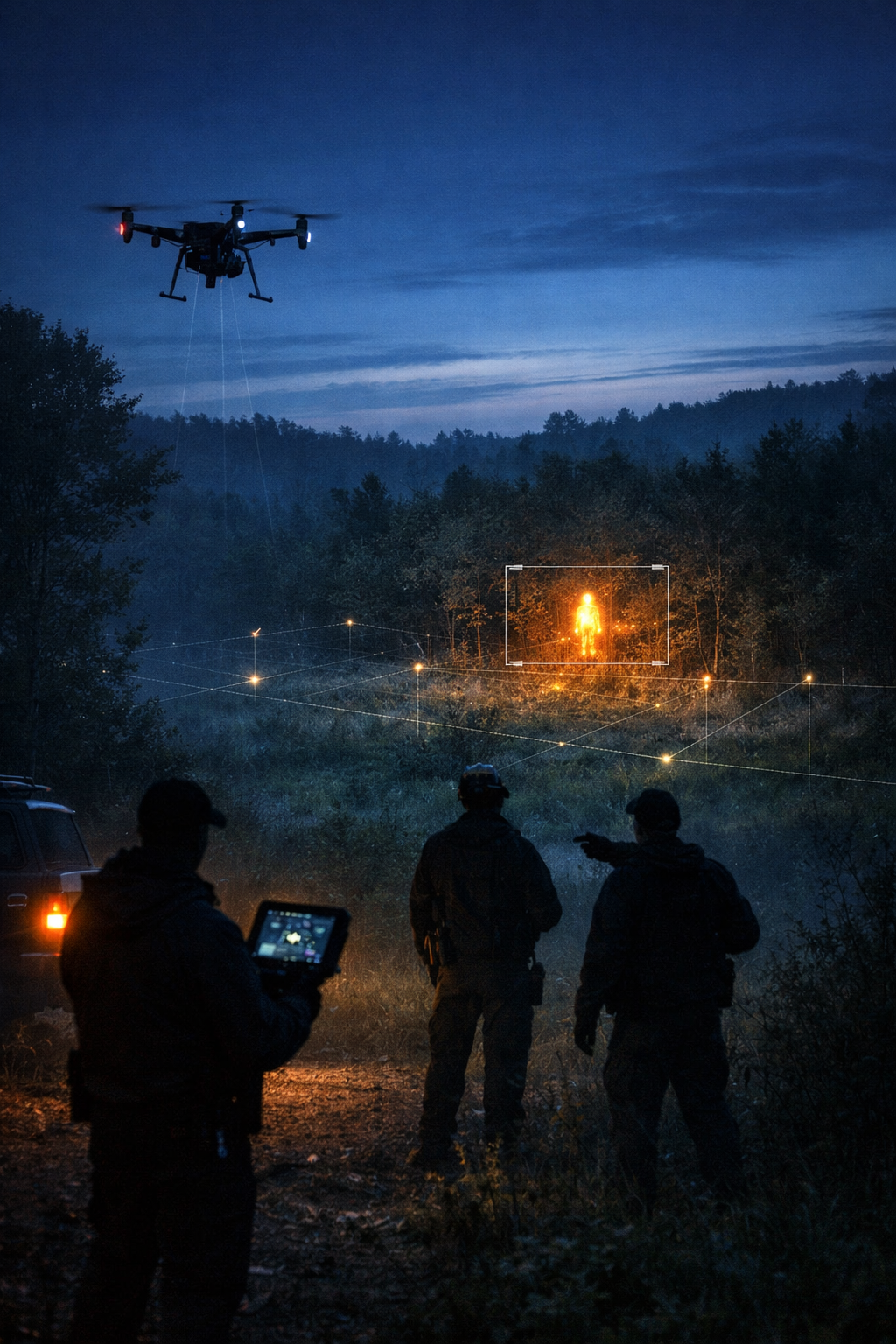 A nighttime scene of three people observing a drone and holographic image of a human figure in a forest, with additional digital elements and a person controlling a device in the foreground.