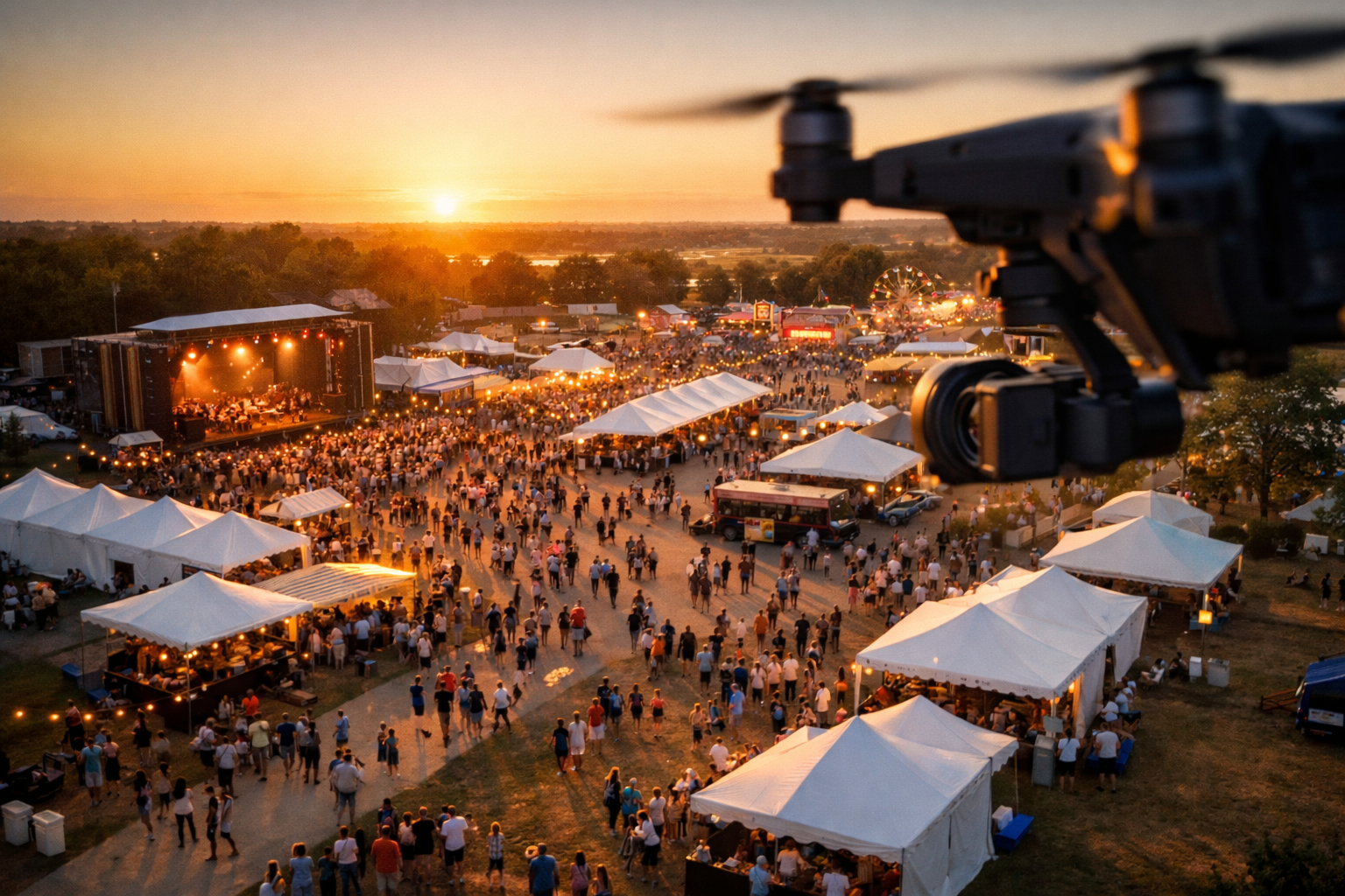 Drones capturing a large outdoor concert and festival at sunset, with many tents, a stage, and a crowd of attendees.