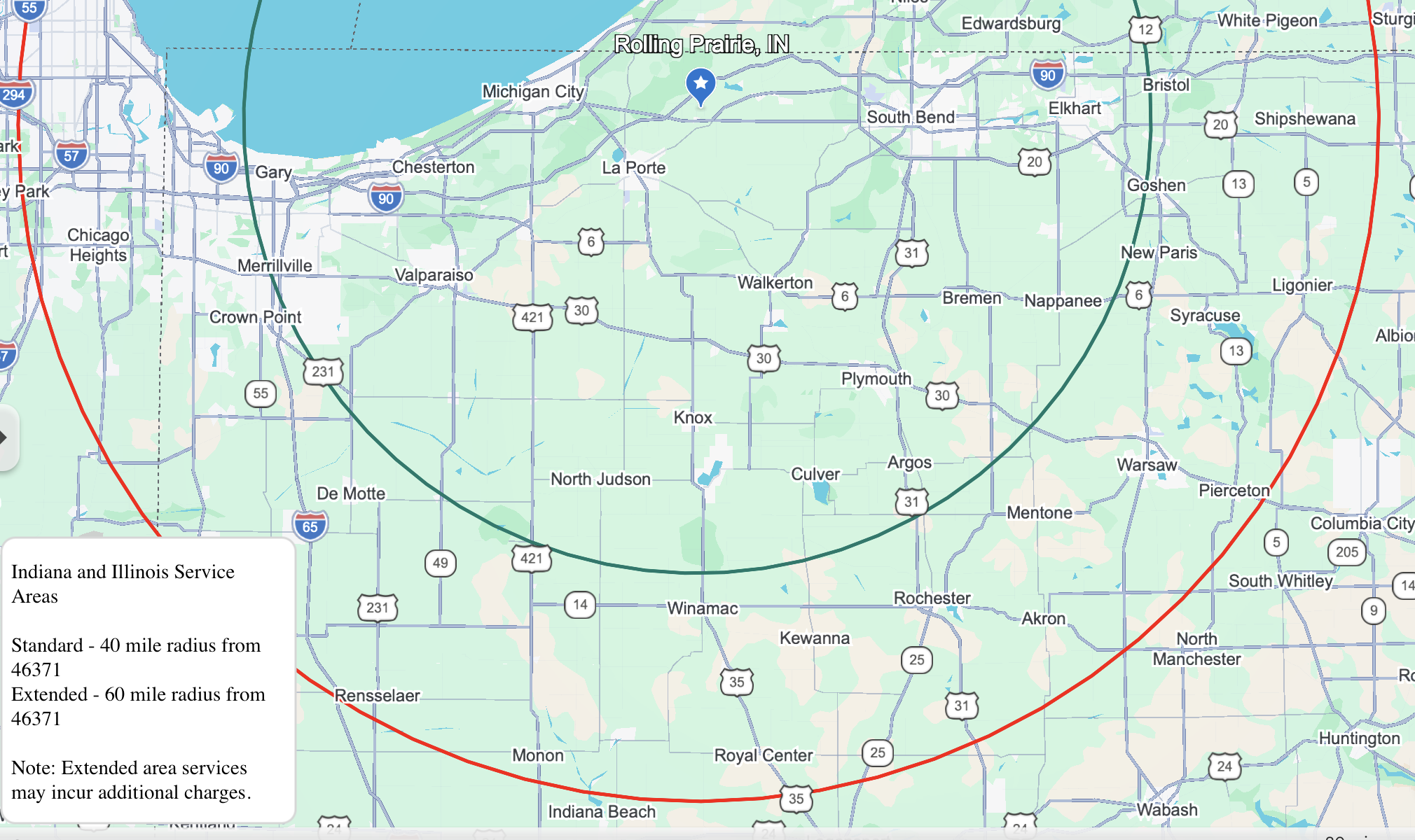Map showing Indiana and Illinois service areas with 40-mile and 60-mile radii from zip code 46371, including cities like Chicago Heights, Merrillville, Crown Point, Winamac, Indiana Beach, Rensselaer, Monon, and surrounding areas.