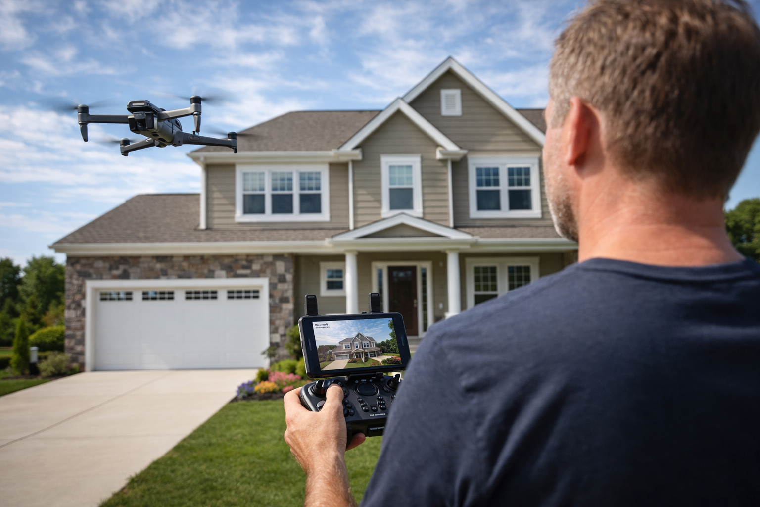A man operating a remote control drone flying over a suburban house with a gray exterior and a white garage door, on a sunny day.