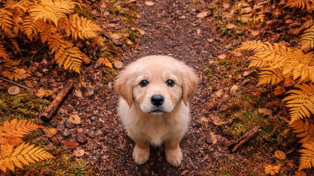 A cute, fluffy golden retriever puppy standing on a dirt trail surrounded by orange and yellow fern leaves.