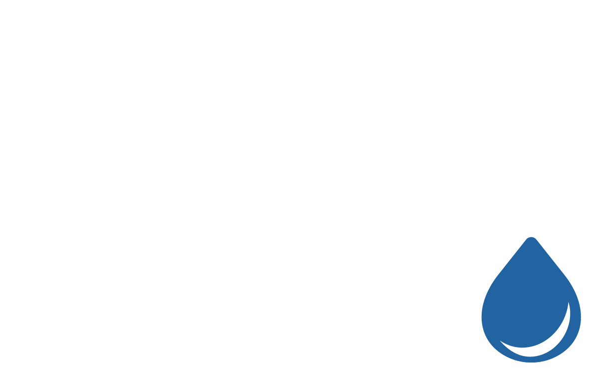 A white water faucet with a blue water droplet underneath.