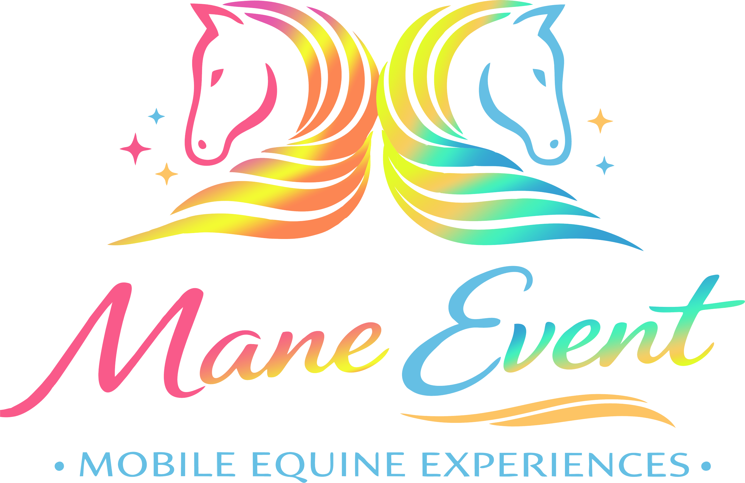 Colorful logo for Mane Event Mobile Equine Experiences featuring two stylized horses' heads and the event name in rainbow-colored cursive text.