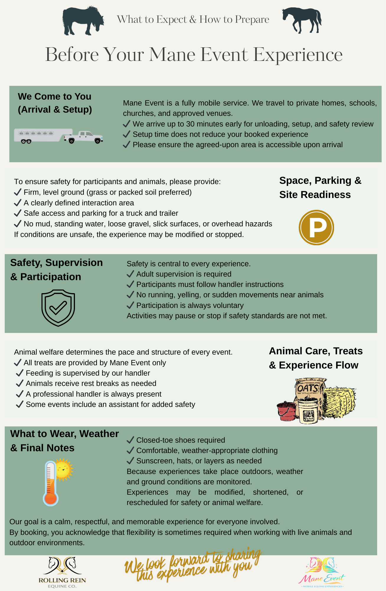 Informational poster with tips on how to prepare for a mane event, including sections on arrival, site readiness, safety and supervision, animal care, weather, and final notes, with illustrations of horses, parking symbol, a shield, animal treats, and a thermometer with a sun.