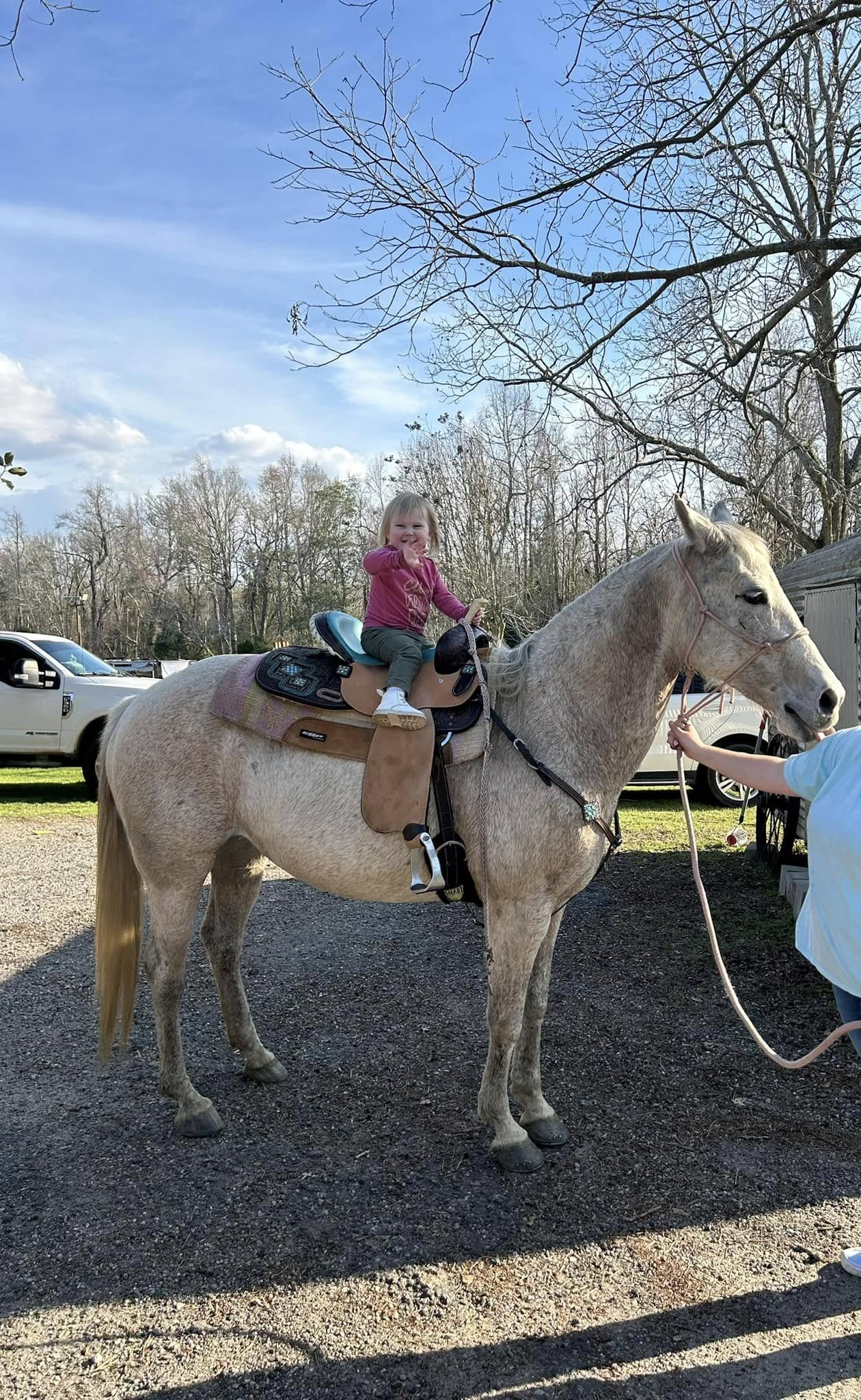A young girl sitting on a light-colored horse with a saddle, while the horse is being held by a person on the right side of the image. The girl is smiling and pointing, with trees and parked cars in the background on a clear day.