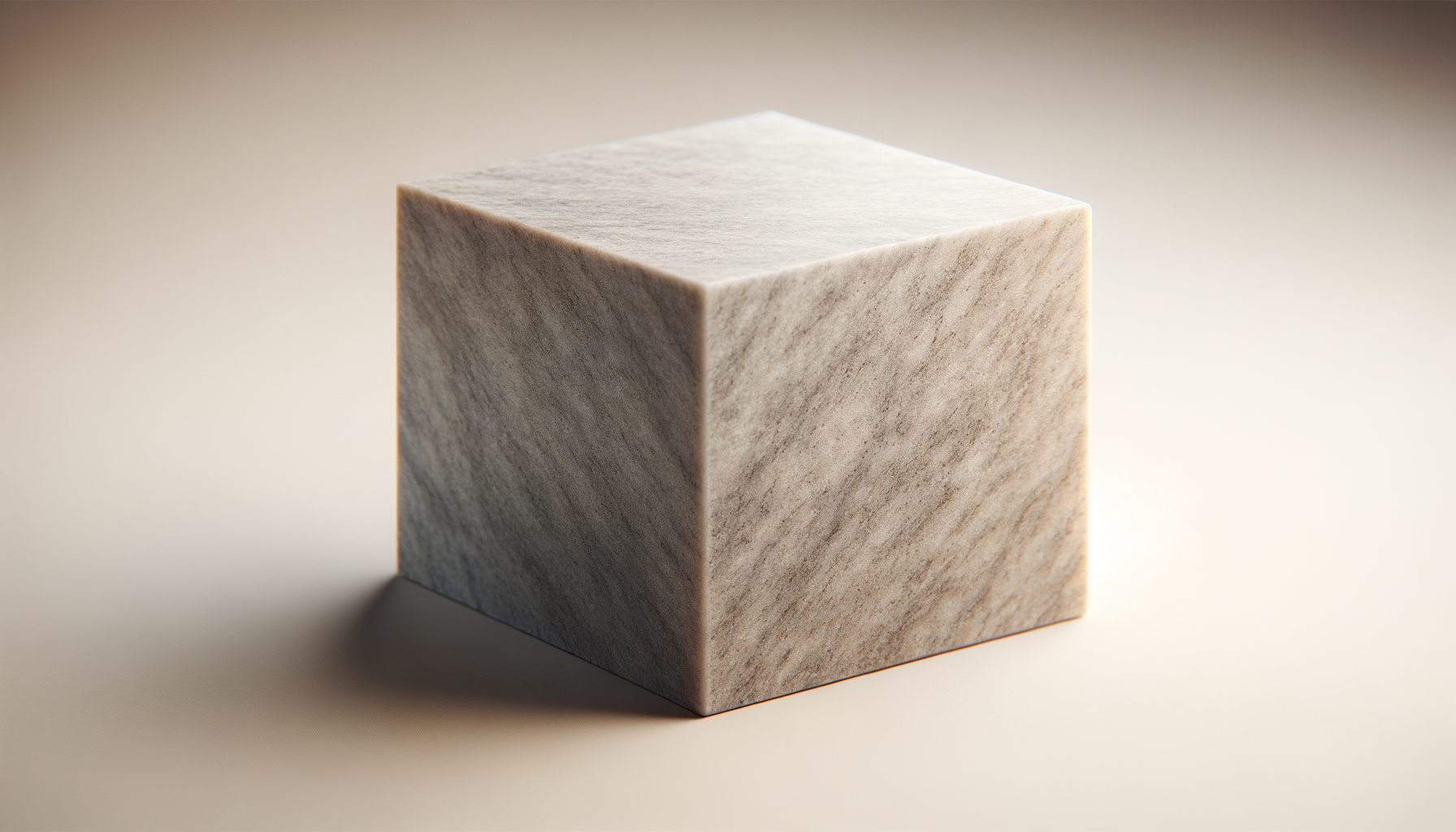 A smooth, beige marble cube with subtle veining, placed on a neutral background.