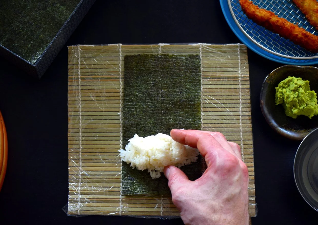 place the rice one third up the nori sheet