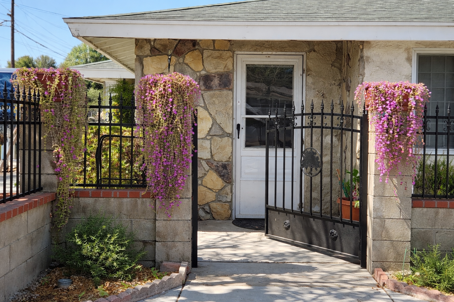 Front entrance of a house with stone and stucco exterior, black metal gate, pink and purple flowering plants hanging on the fence, and a white door.