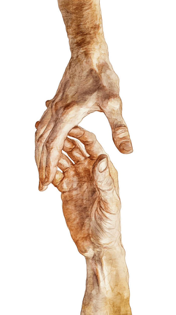 A watercolor painting of two hands reaching towards each other, with index fingers close to touching, against a transparent background.