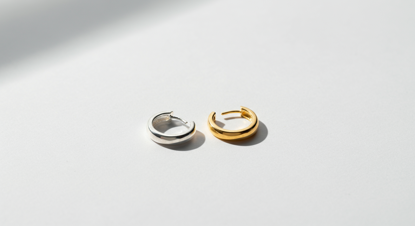 Two hoop earrings, one silver and one gold, on a white surface with shadow.