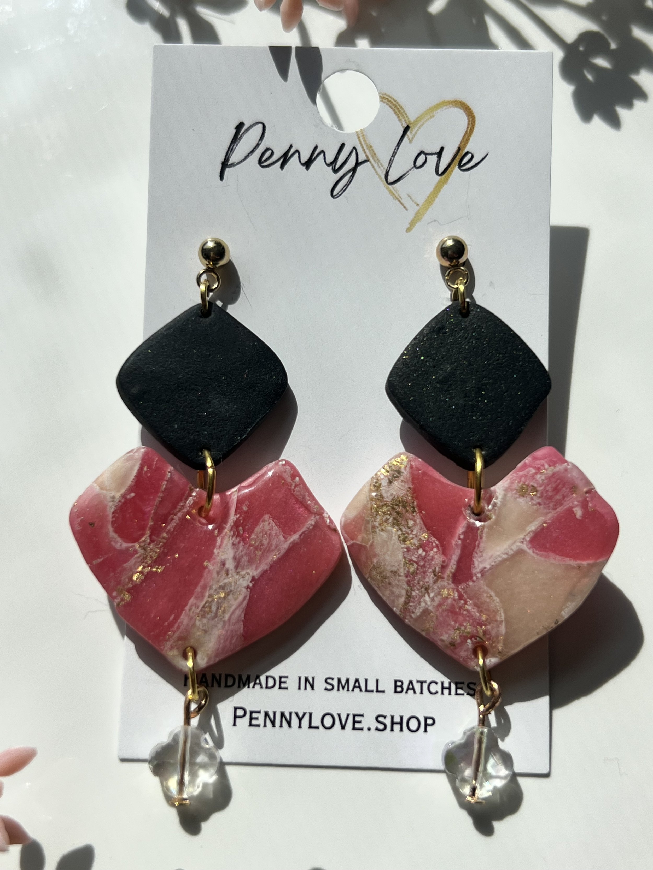 Black, Pink & Crystal Triple Drop Earrings