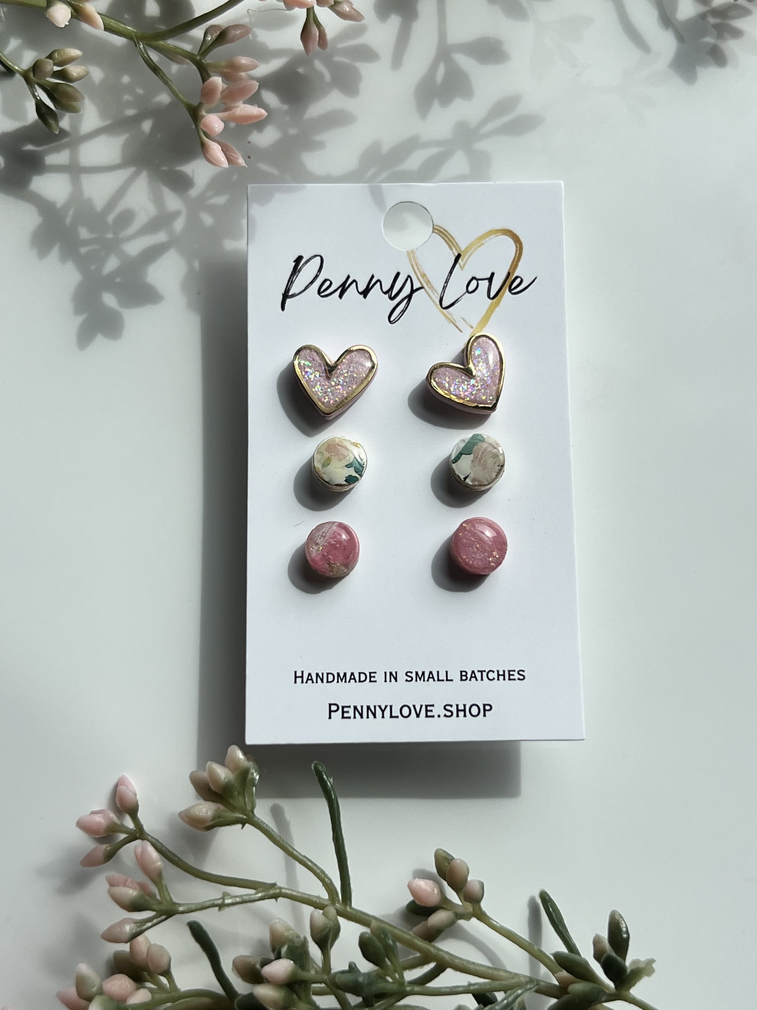 Pink Glitter Heart Trio Stud Pack