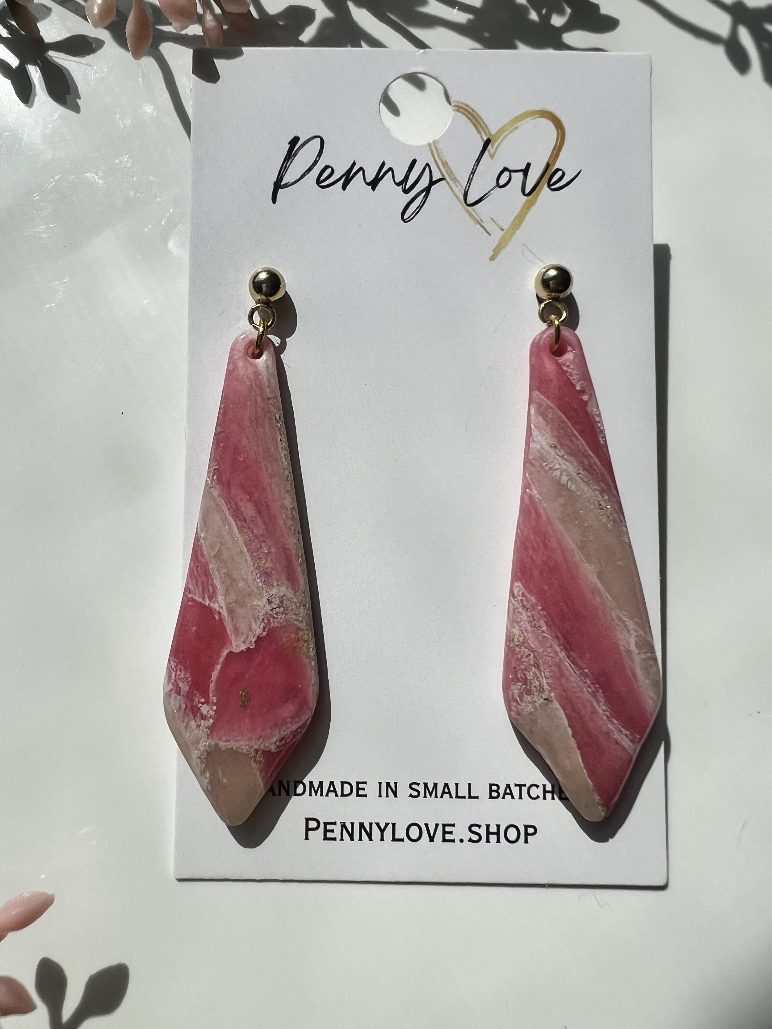 Pink Marble Long Diamond Ball Stud Drop Earrings