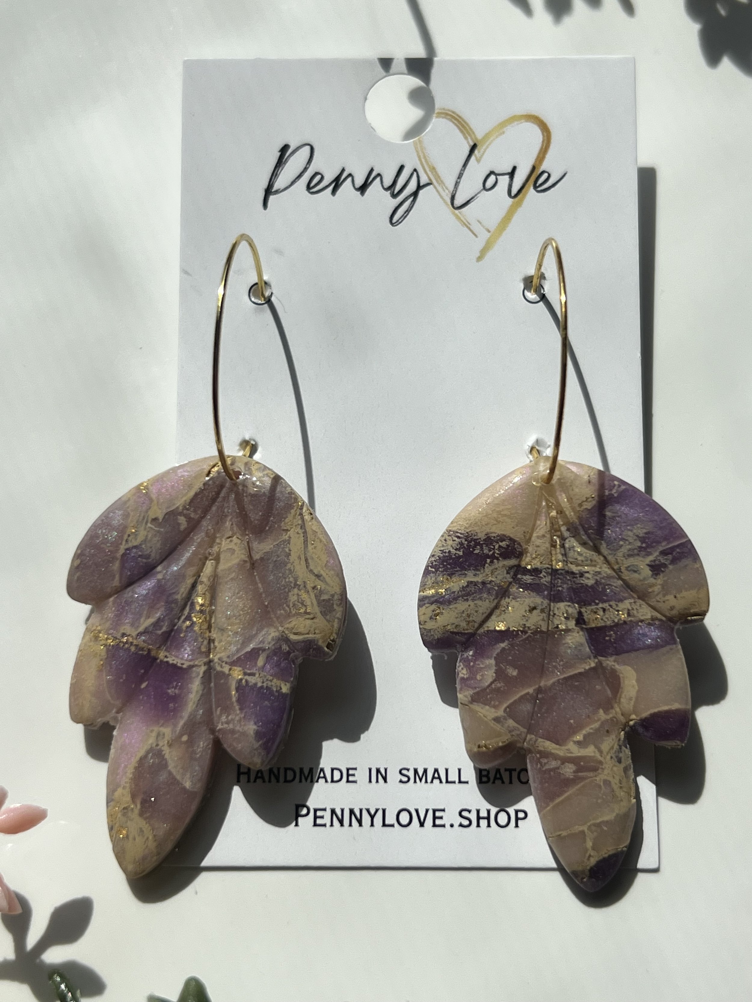 Plum & Gold Leaf Hoop Drop Earrings