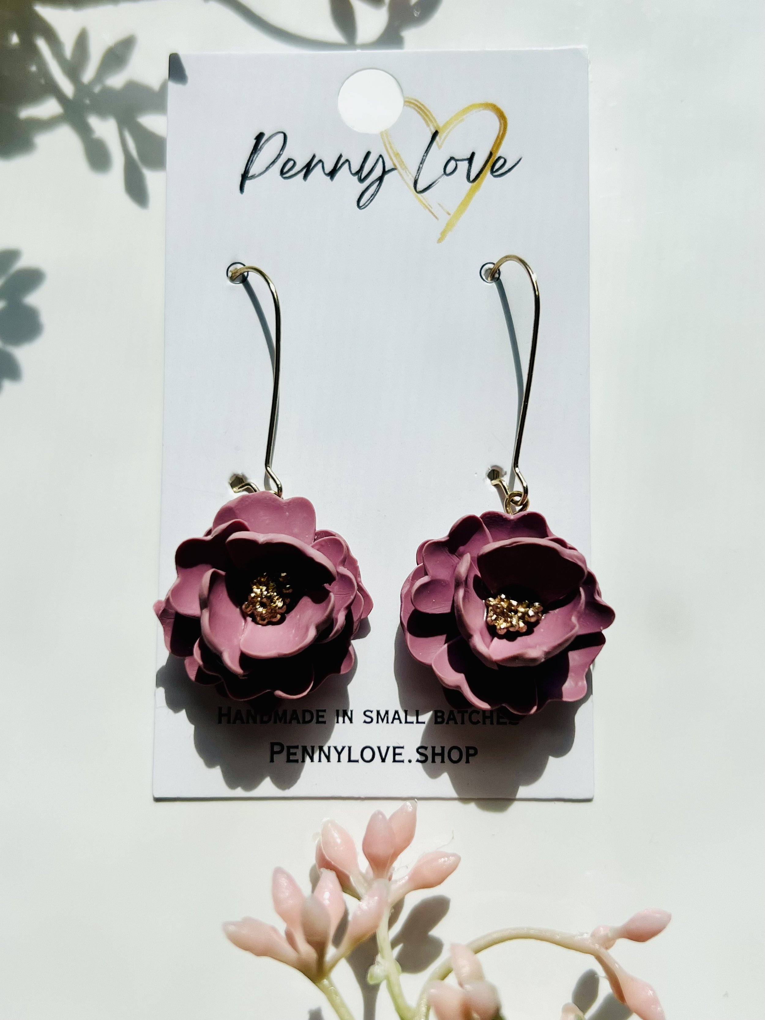 Dusty Rose Peony Wire Drop Earrings