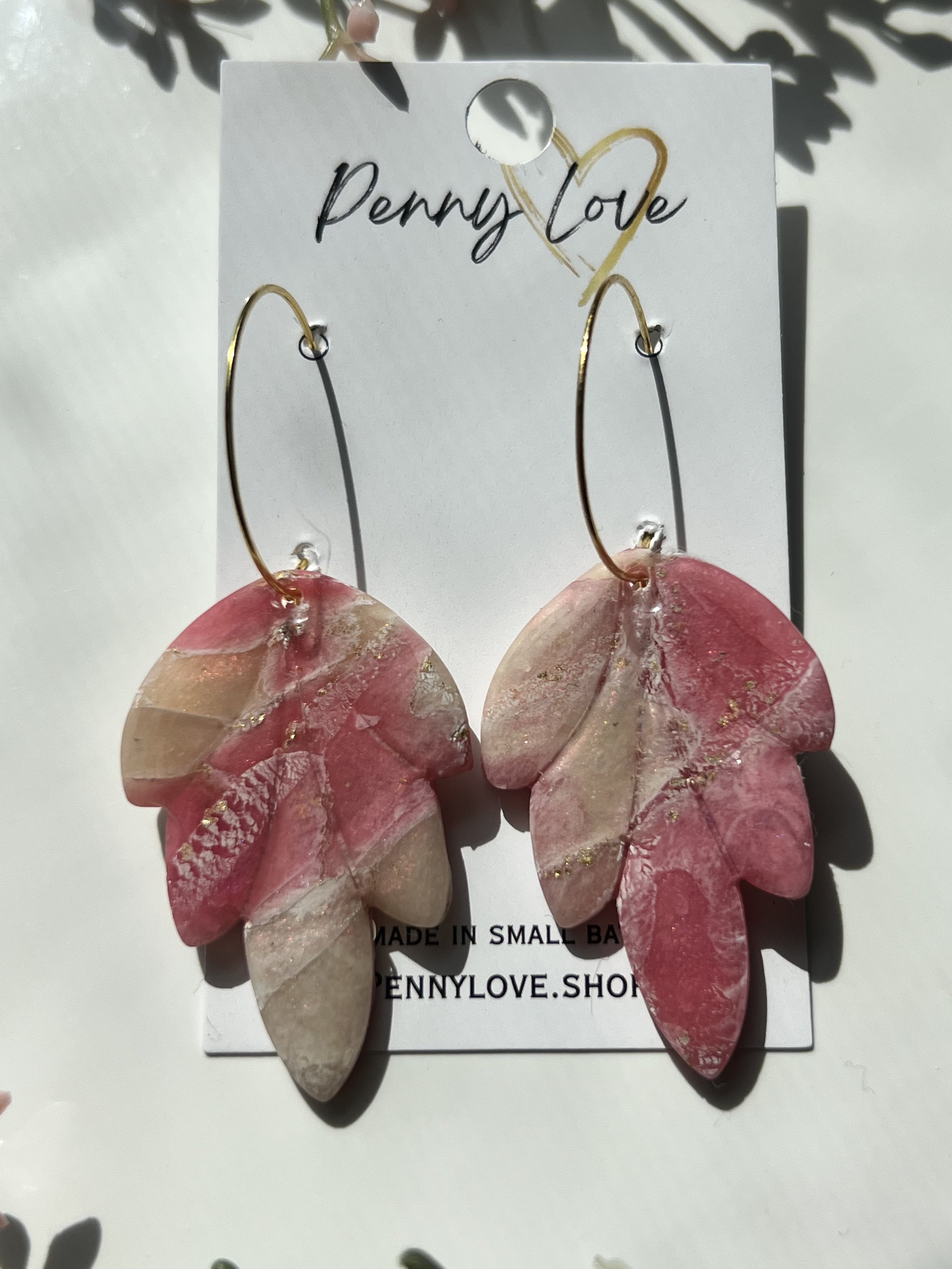 Pink & Gold Leaf Hoop Drops