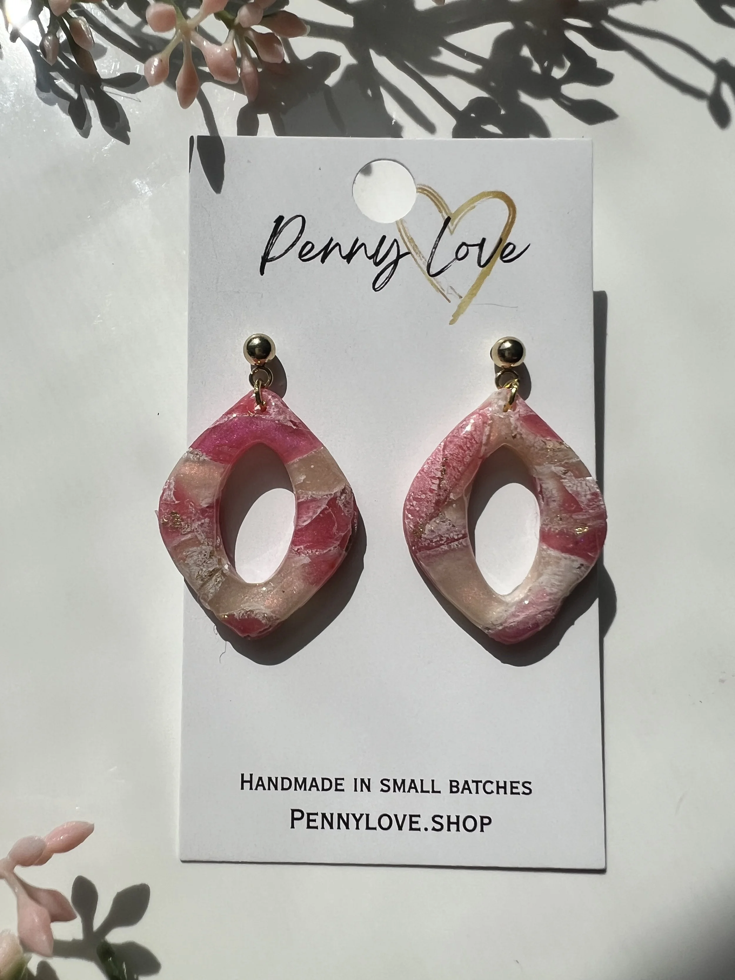 Pink Marble Open Diamond Ball Stud Drop Earrings