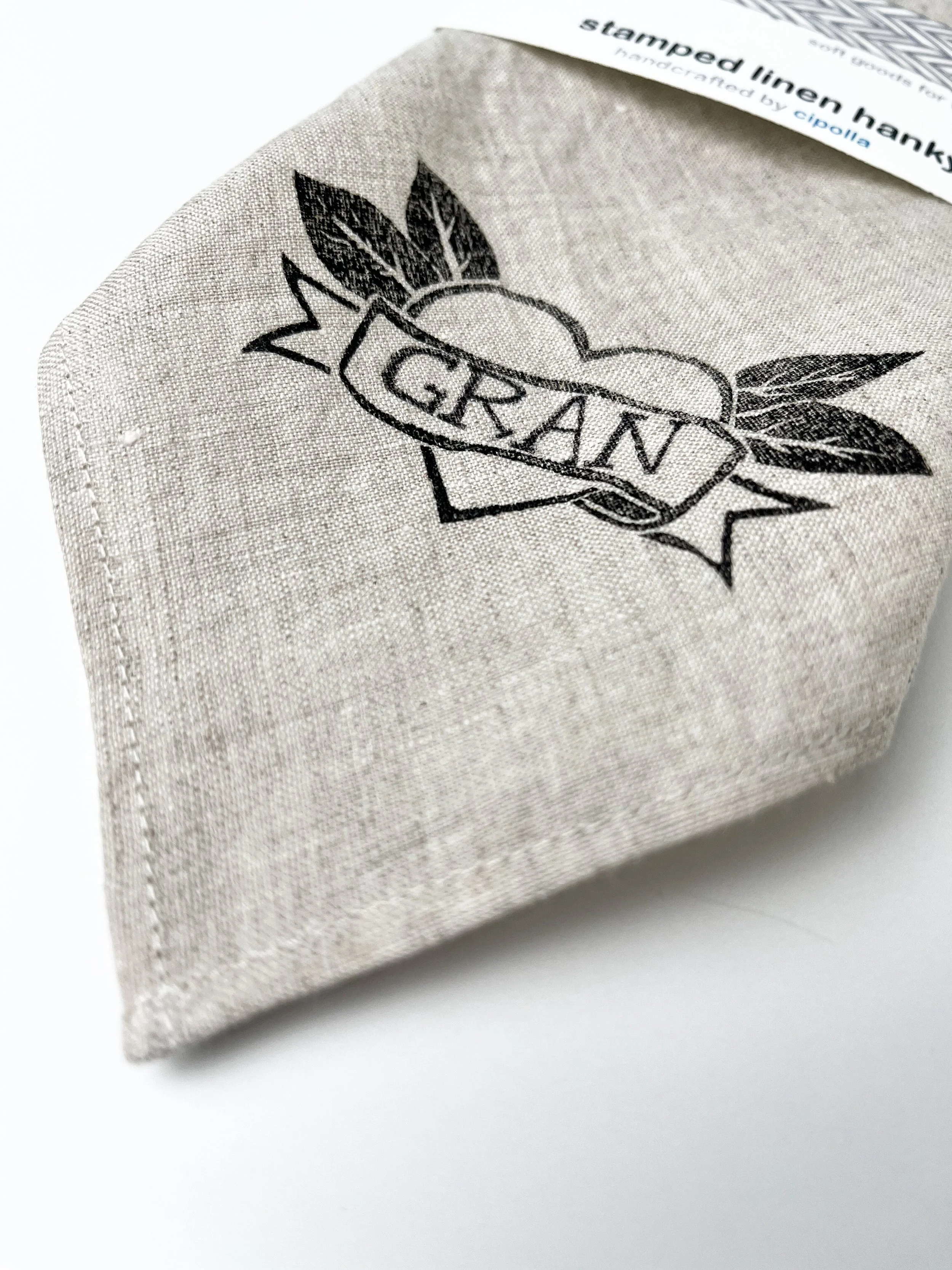 Stamped Linen Hanky - Retro Heart Tattoo - Choose Banner
