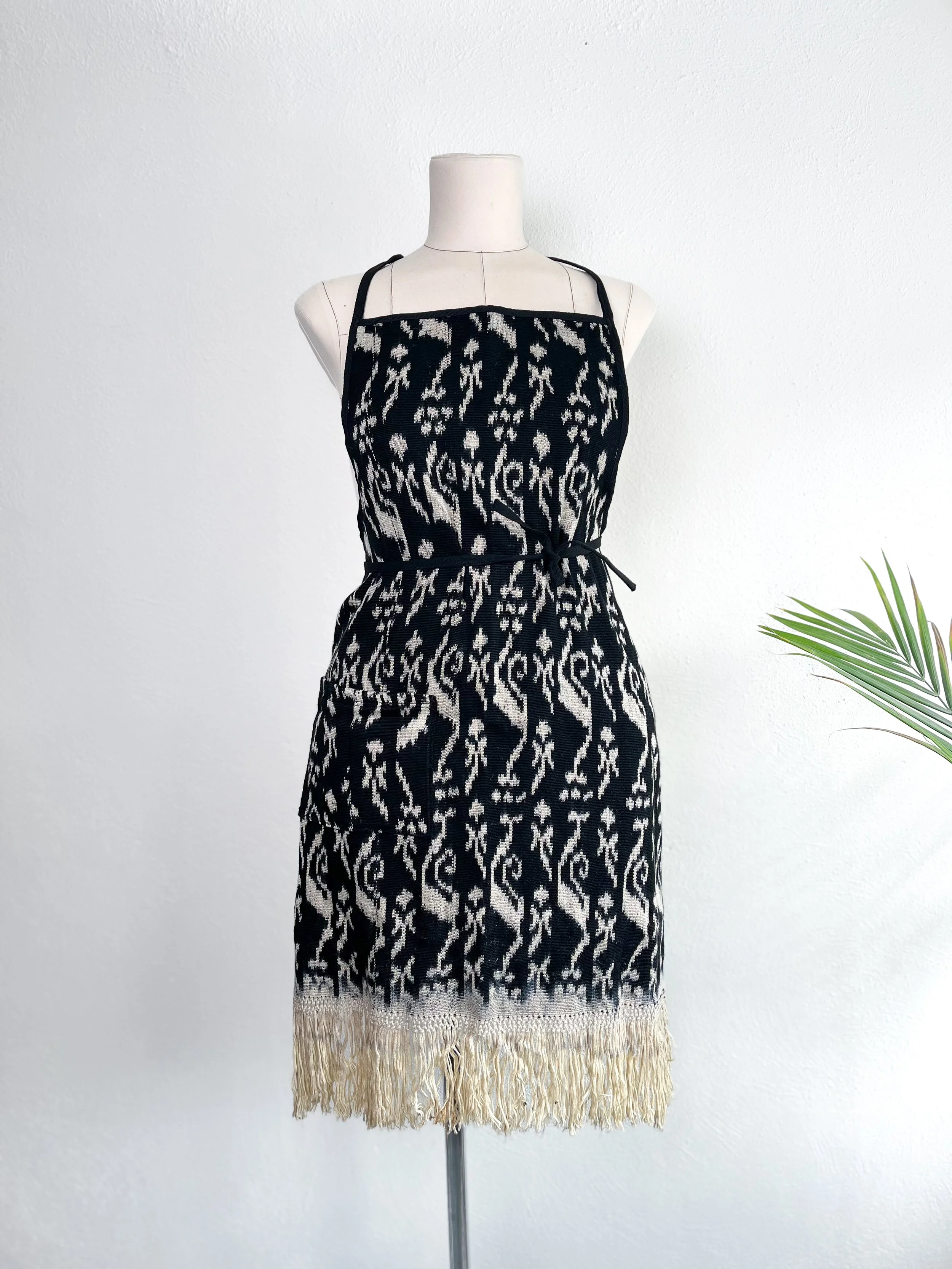 Upcycled Scarf Apron - Black and Cream Fringe