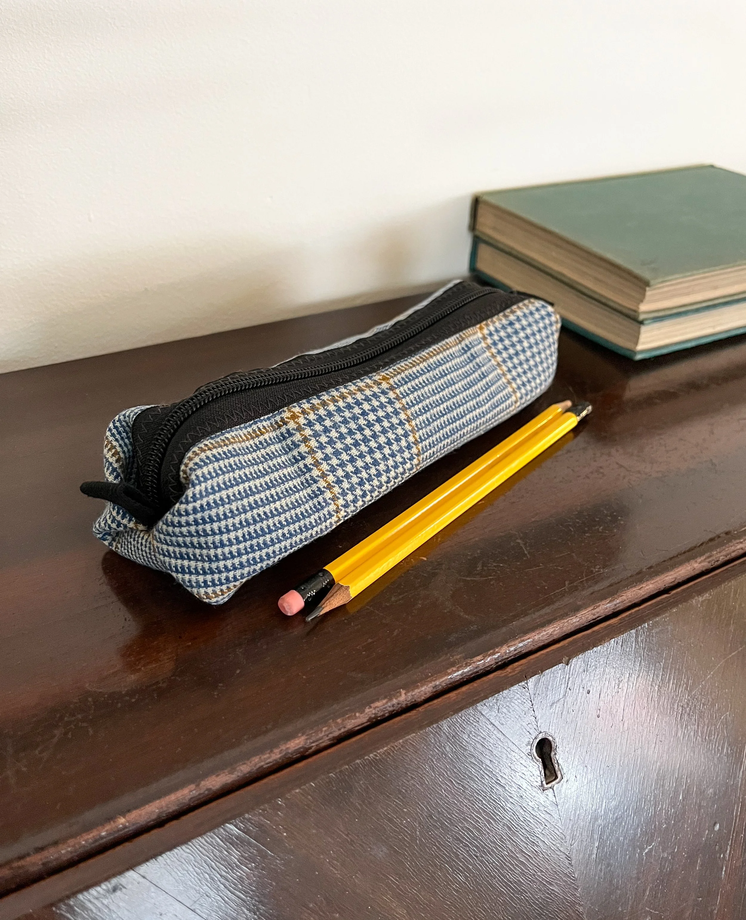 Pencil Case Pouch - Blue Houndstooth Plaid