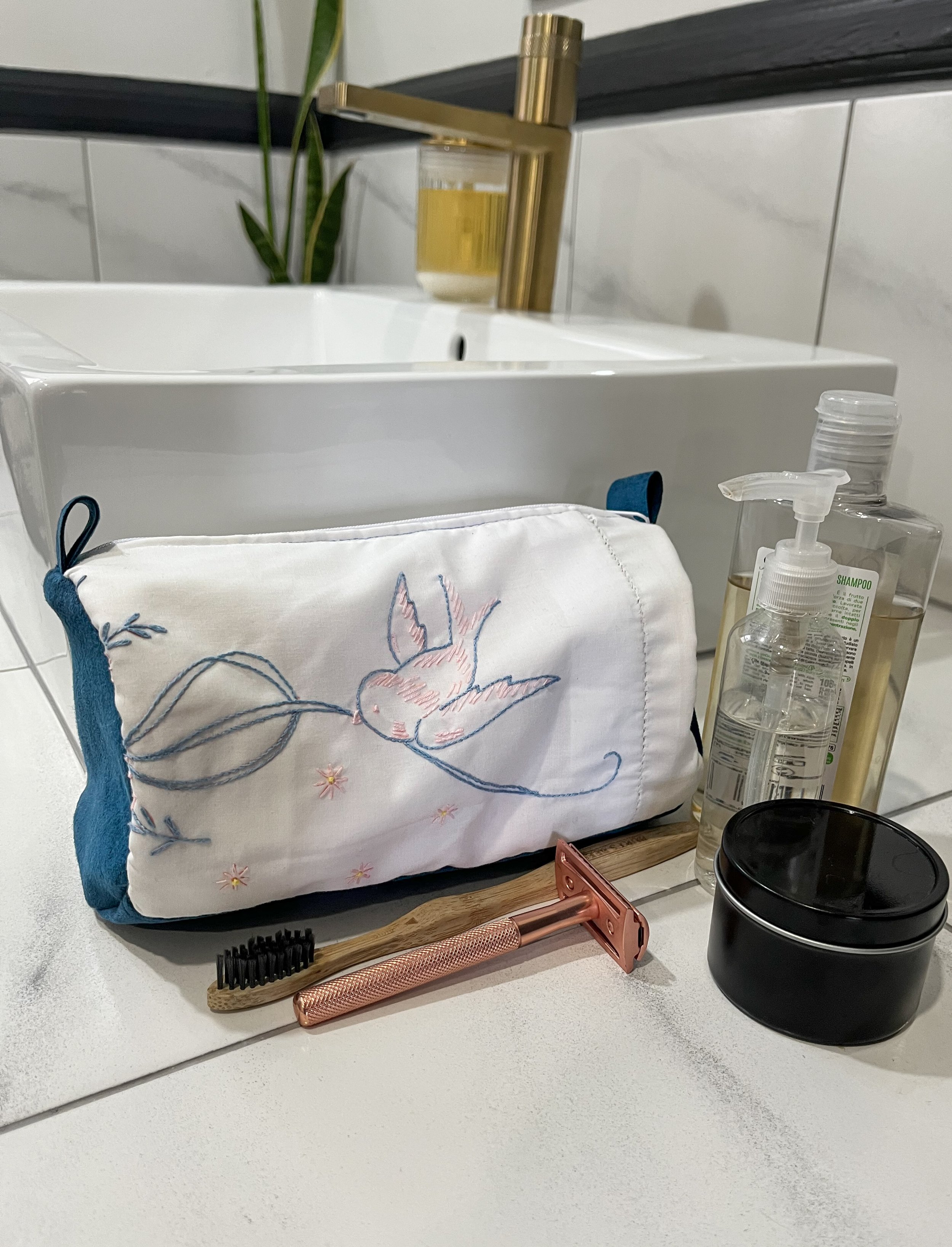 Blue Bird Barrel Pouch - Vintage Embroidery & Blue Suede