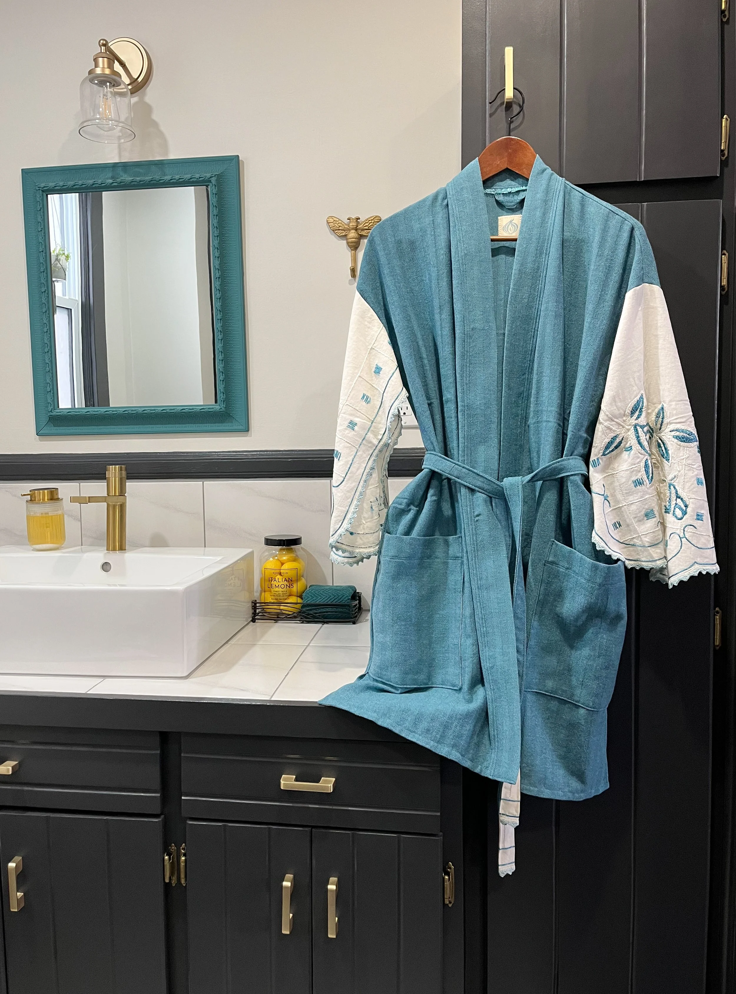 Teal Cotton Robe - Vintage Embroidery & Herringbone - Open Size SM-XL