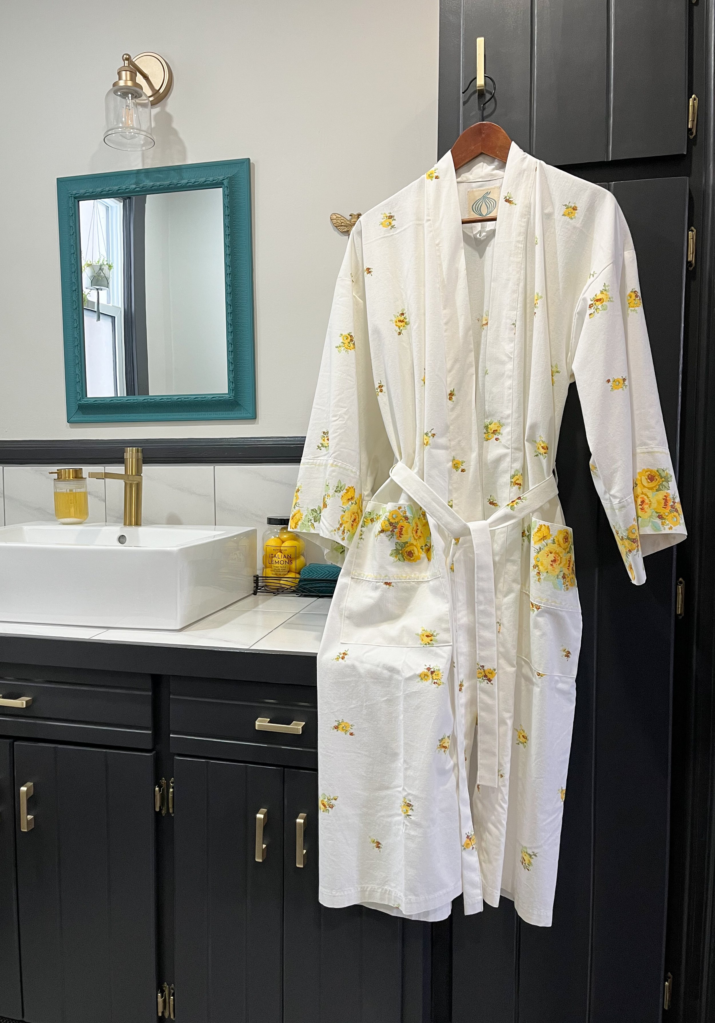 Cotton Kimono Style Robe - Vintage Yellow Rose - Open Size XS-MD