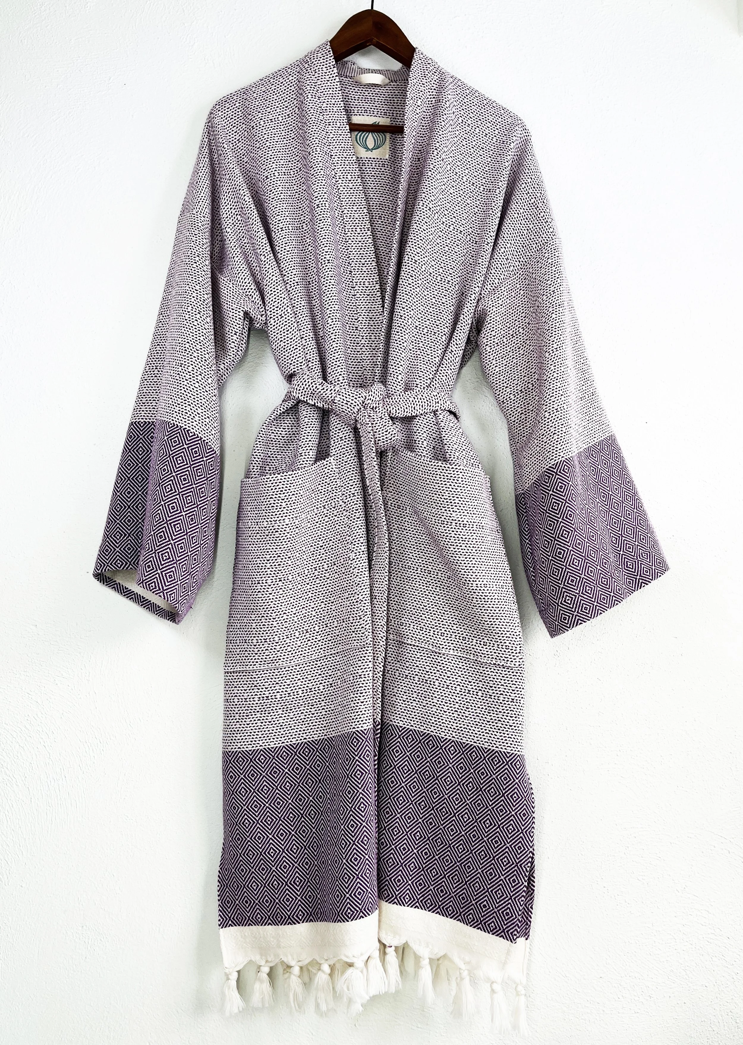 Woven Cotton Robe - Aubergine & Cream - Open Size M-XXL