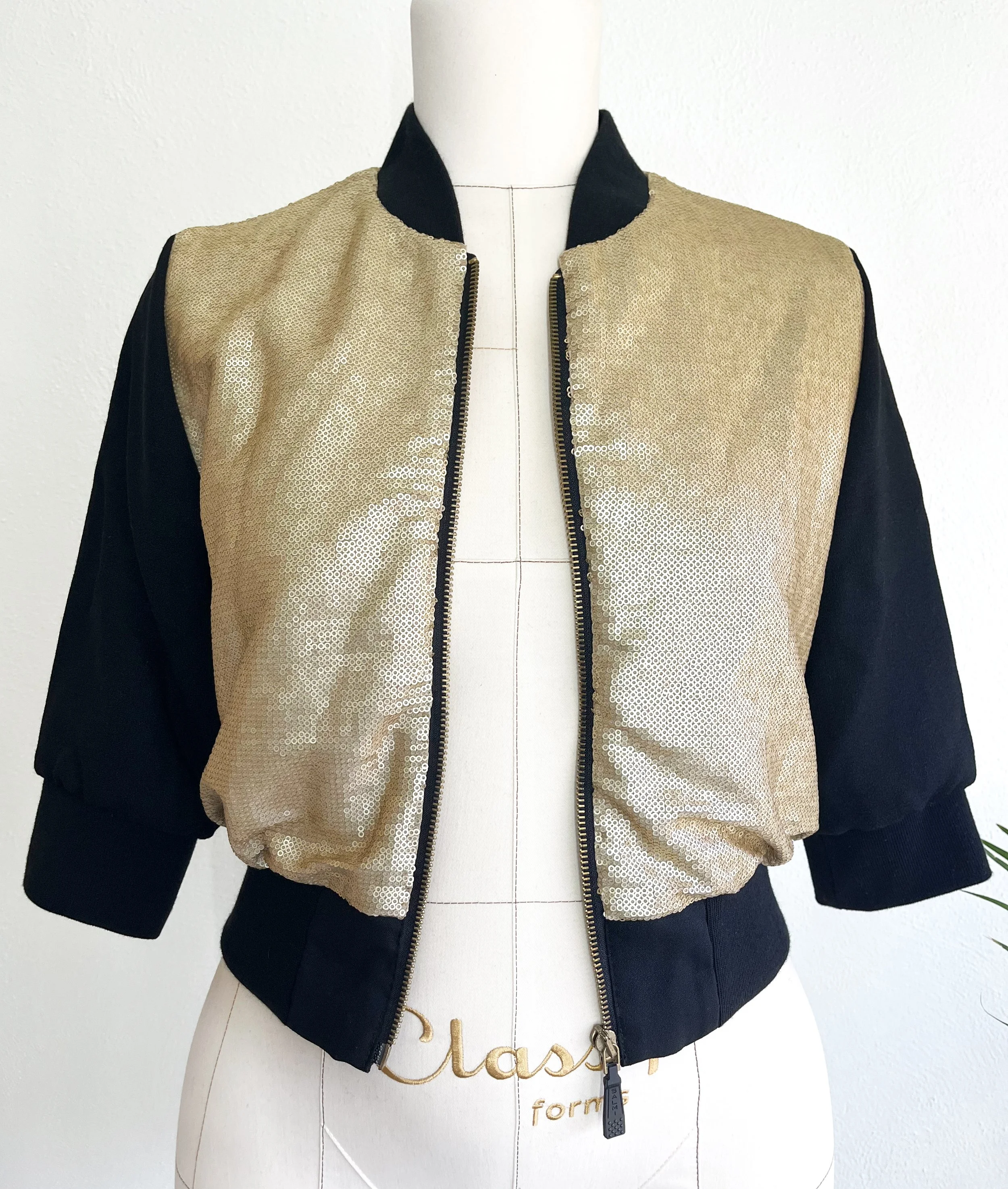 Cropped Bomber Jacket Style Top - Brushed Gold Sequins - Gender-free SM