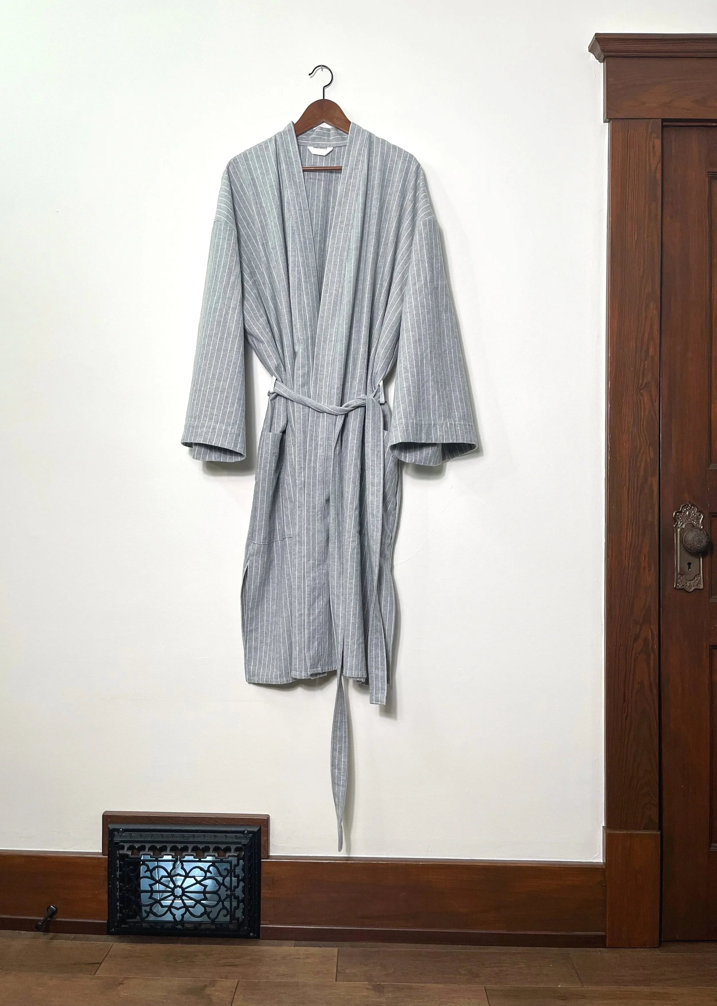 Cotton Flannel Robe - Grey Pinstripe - Open Size M-XXL
