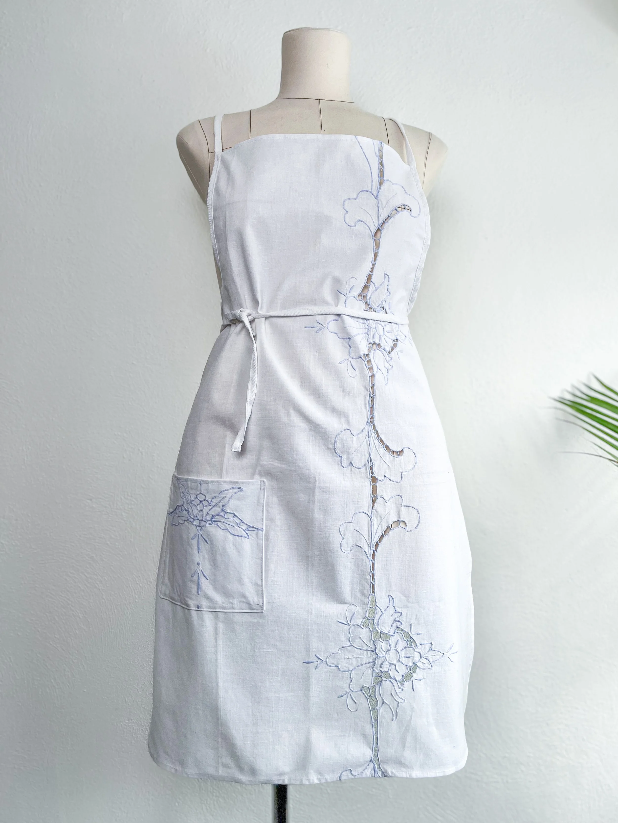 Apron of Vintage Linens - Precious Blue Embroidery