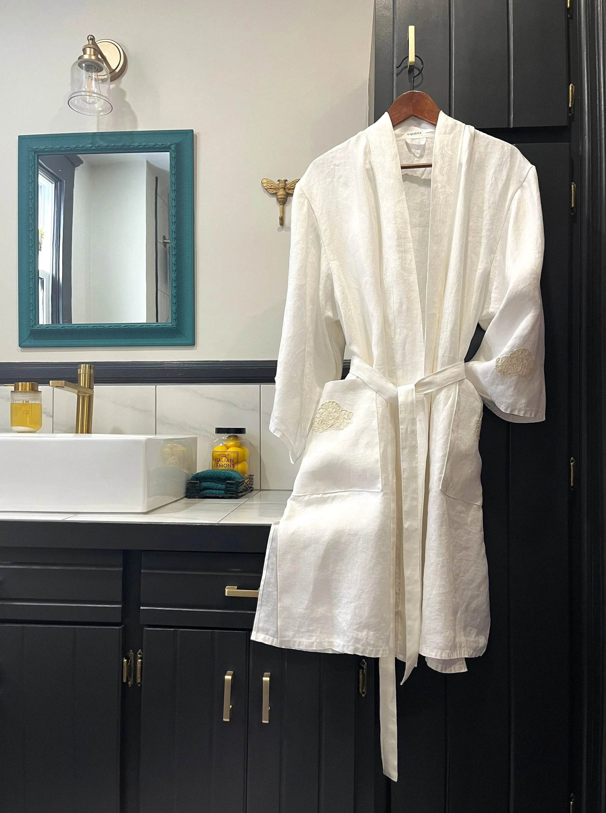 Pure Linen Robe - Vintage Linen Jacquard and Lace - Open Size XS-LG