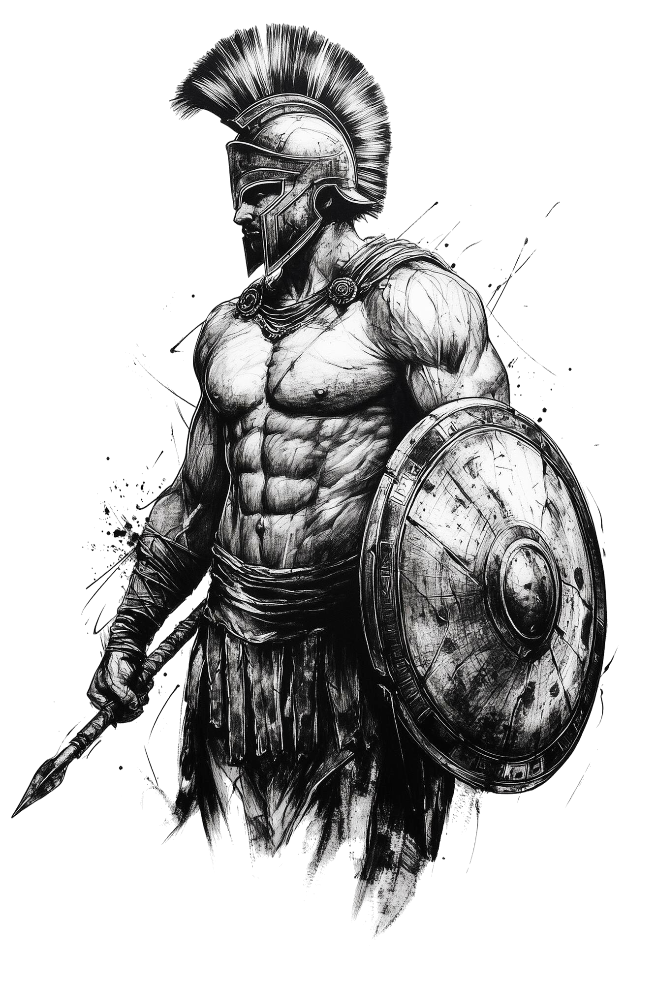 Black and white illustration of a muscular ancient Greek soldier with a shield, helmet, and spear.