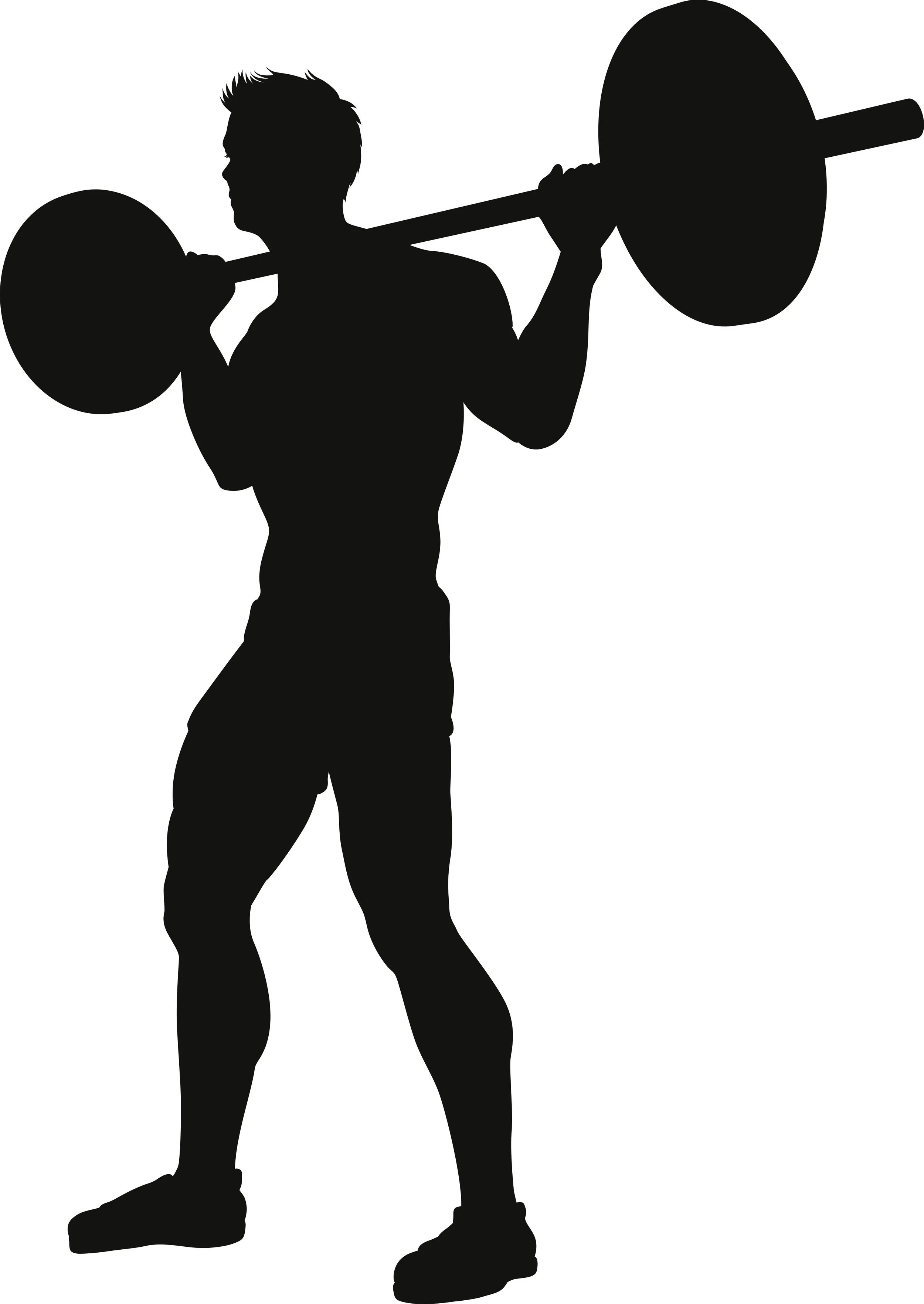 Silhouette of a man holding a barbell with weight plates, suggesting strength training or weightlifting.
