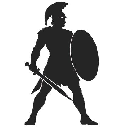 Silhouette of a warrior holding a sword and shield, facing left.