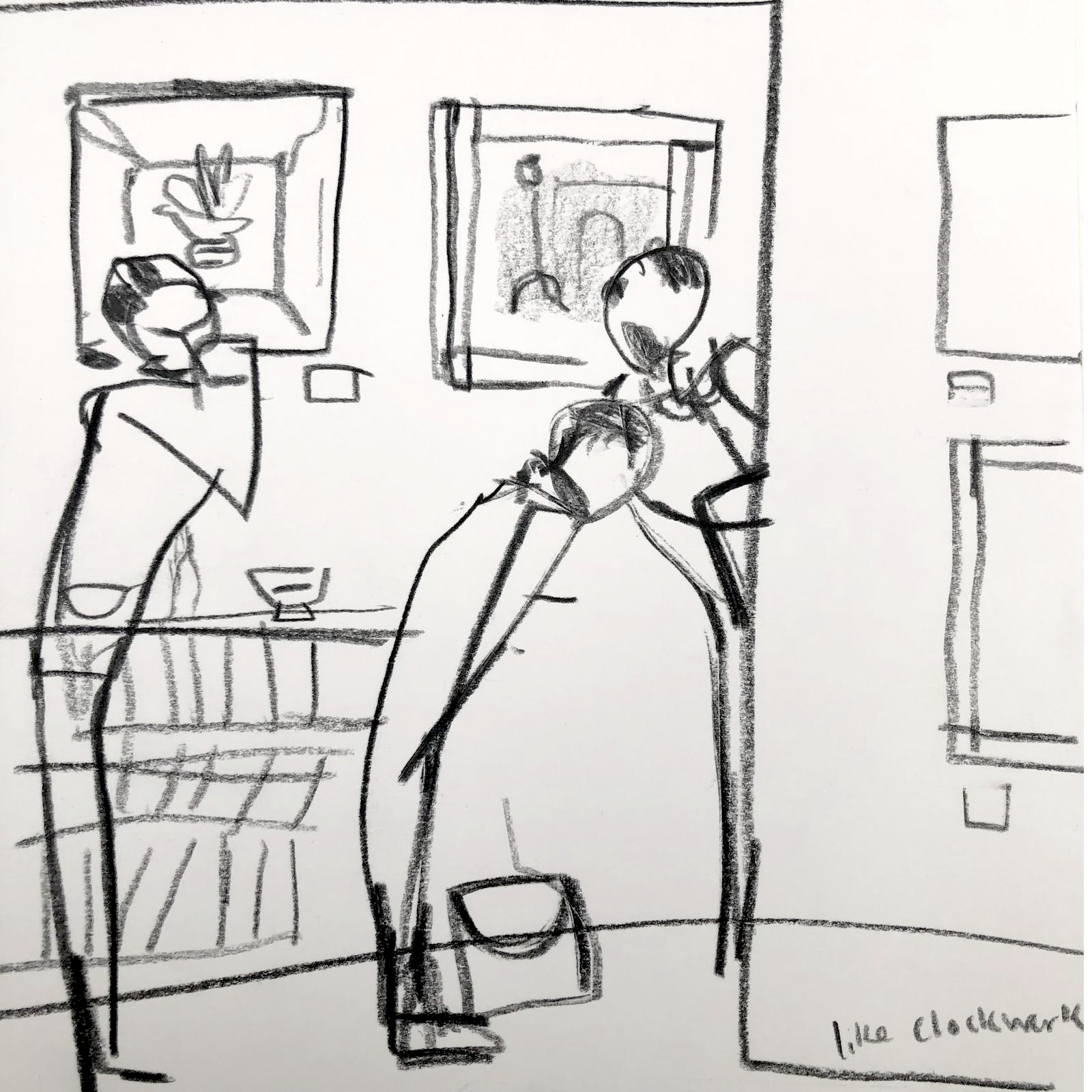 'Clockwise,' at the Art Fair. 19 x 19 cm. Conte on white cartridge.