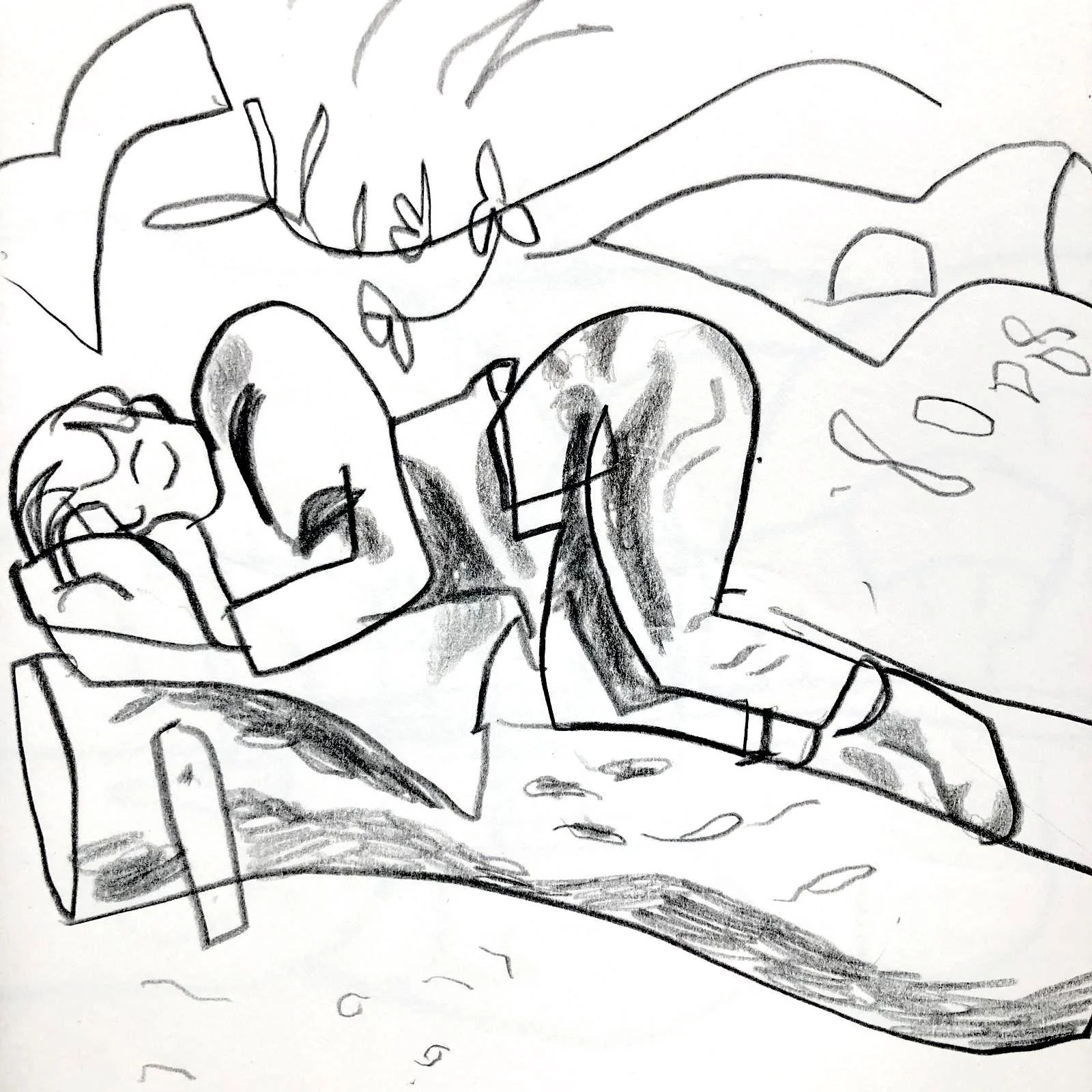 Sophie on the riverbank. 19 x 19 cm. Conte on white cartridge.