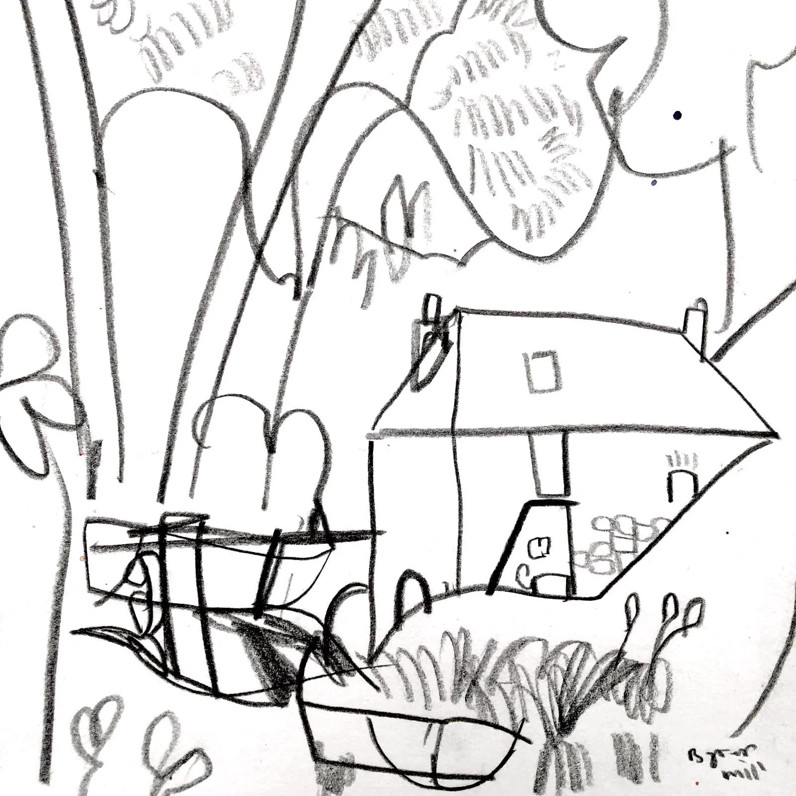 A Devon Mill House. 19 x 19 cm. Conte on white cartridge.