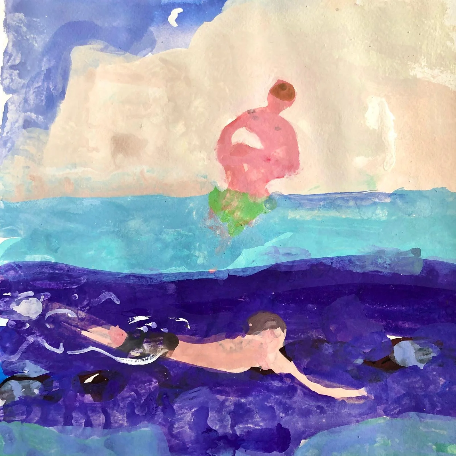 Worbarrow divers. Gouache on Khadi paper. 25 x 25 cm